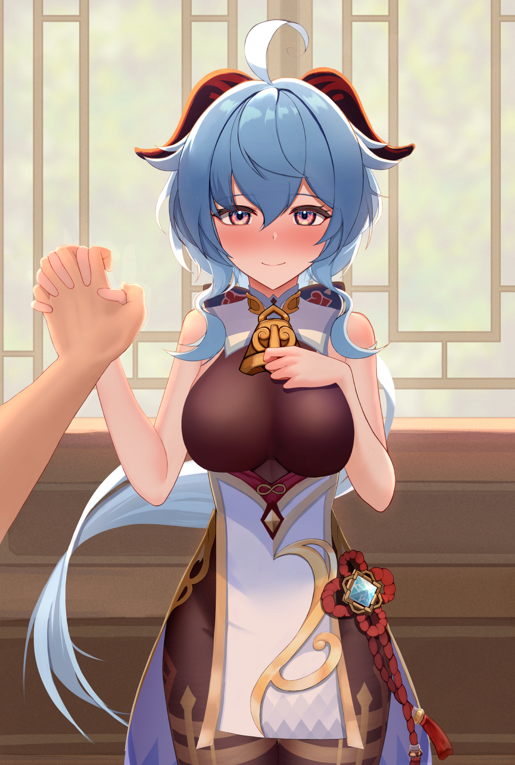 2021, ahoge, bare arms, bare shoulders, bell, bell collar, blue hair, blush, bodysuit, breast suppress, breasts, clothed, clothing, collar, cowbell, eyebrows visible through hair, eyes visible through hair, female, ganyu (genshin impact), genshin impact, hair between eyes, hand on chest, handholding, happy, highres, holding hands, horns, indoors, interlocked fingers, jewelry, large breasts, looking at viewer, male, male pov, pov, pov hands, purple eyes, red eyes, short hair, sinzaki05, smile, standing, thick thighs, thighs, wholesome, wide hips