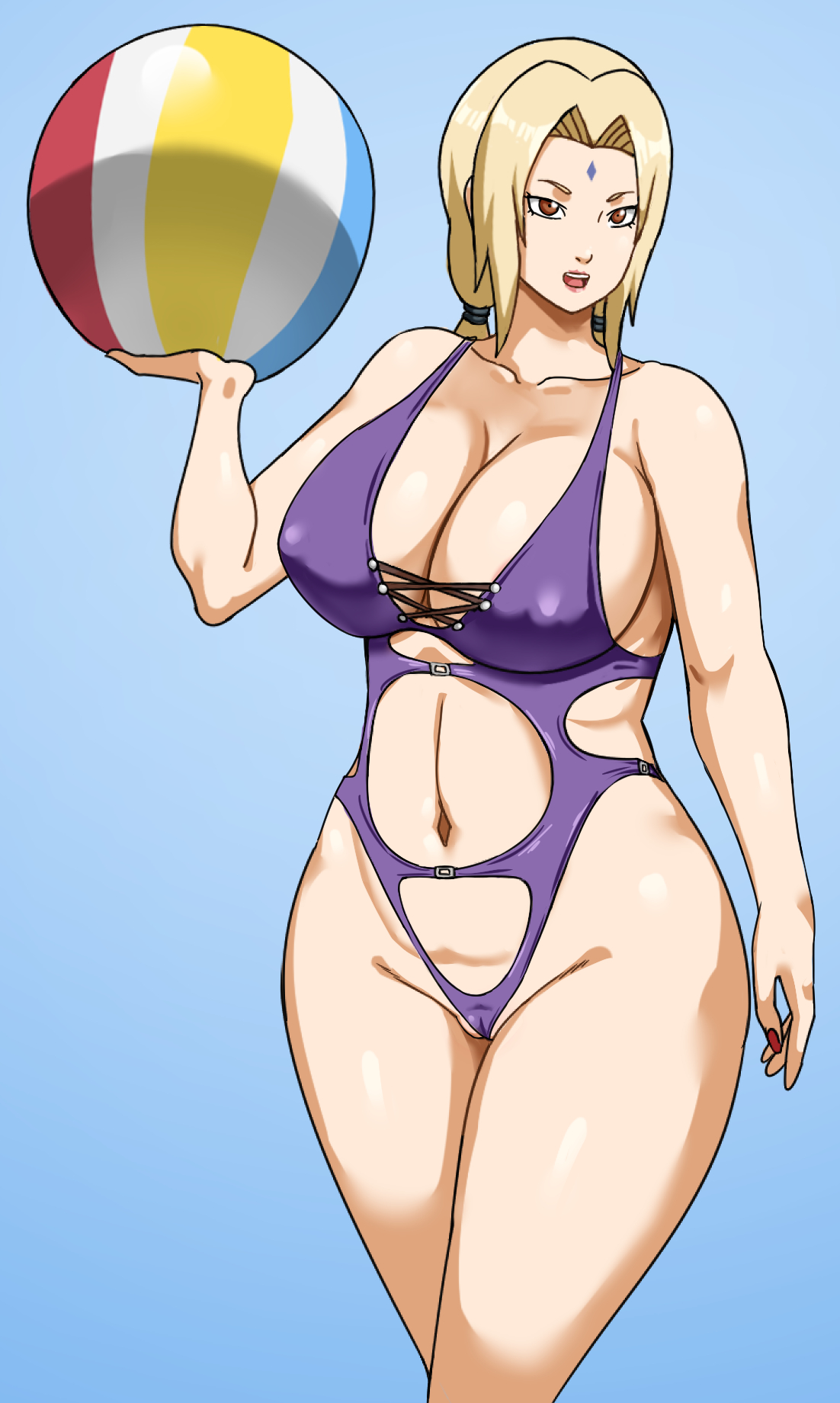 1girls, beach ball, blonde hair, breasts, cameltoe, cleavage, clothed female, female, female only, holding object, huge breasts, large breasts, mature female, nail polish, naruto, naruto (series), naruto shippuden, one-piece swimsuit, pinkpawg, pussy, smile, solo, solo female, solo focus, standing, swimsuit, tsunade, voluptuous