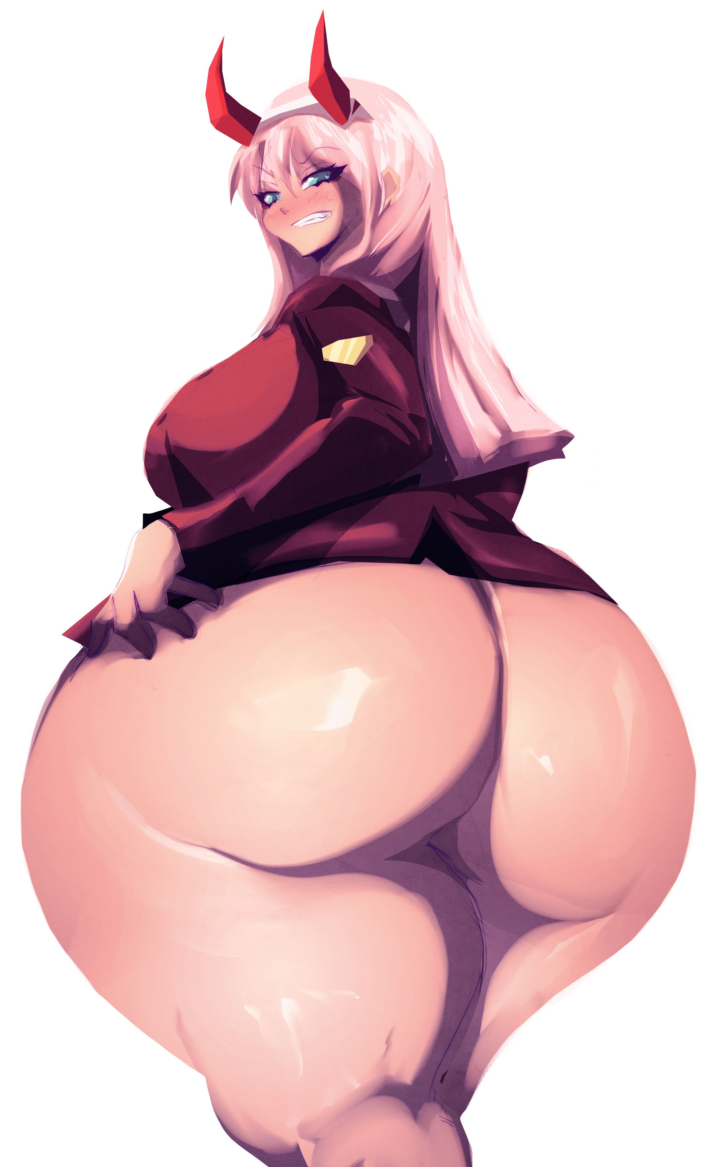 2018, ass, ass focus, big ass, big breasts, blue eyes, blush, breasts, bubble ass, bubble butt, darling in the franxx, female, female only, grin, hand on ass, high resolution, horn, huge ass, huge breasts, hyper ass, large ass, long hair, looking back, no panties, pink hair, riendonut, school uniform, sideboob, teeth, thick legs, thick thighs, thigh highs, thighs, white background, wide hips, zero two (darling in the franxx)