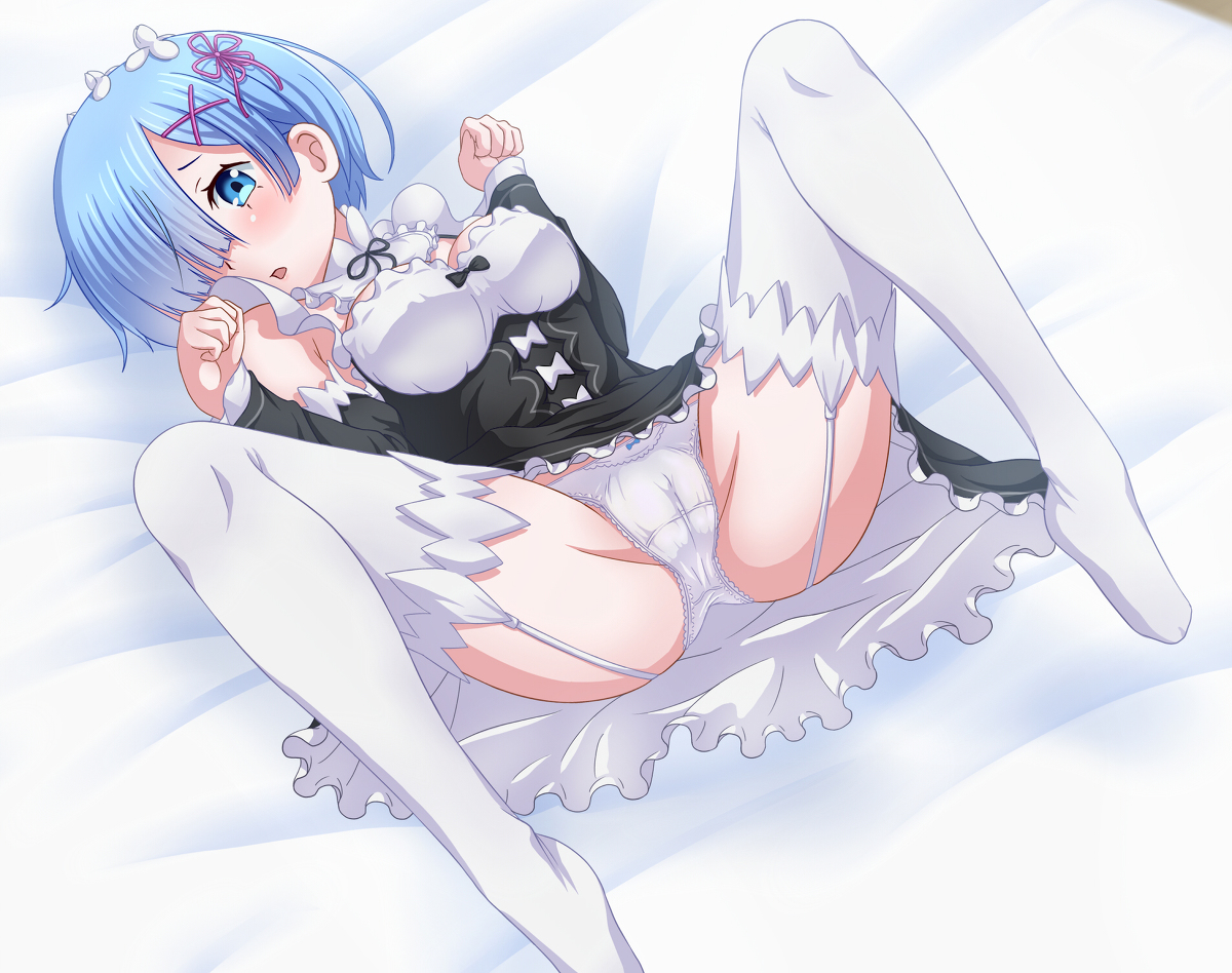 blue eyes, blue hair, blush, breasts, female, lifting skirt, looking at viewer, maid, maid uniform, panties, re:zero kara hajimeru isekai seikatsu, rem (re:zero), short hair, spread legs, stockings