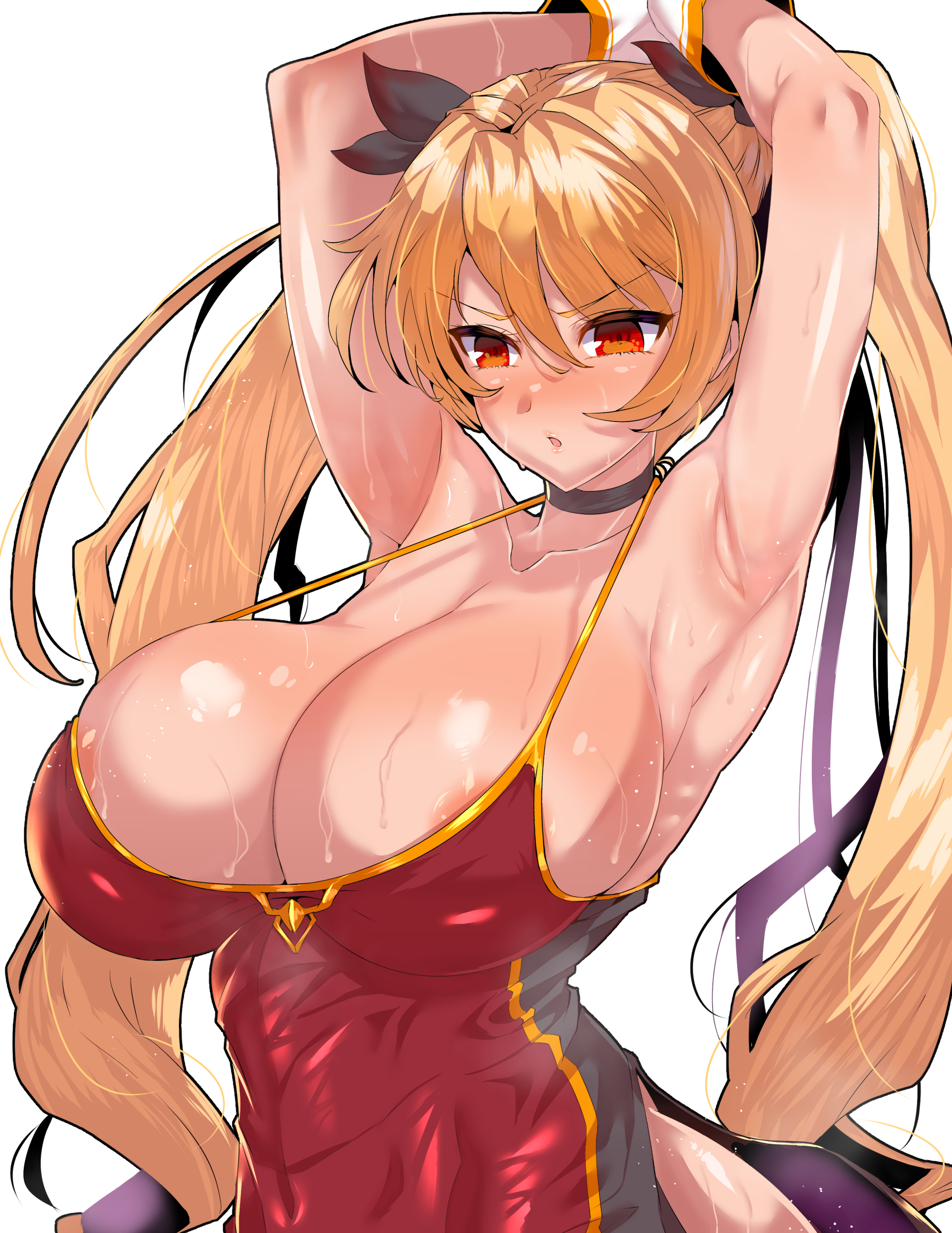 1girls, absurdres, areola slip, areolae, armpits, arms behind head, arms up, azur lane, bangs, big breasts, black ribbon, blonde hair, blush, breasts, bursting breasts, busty, cleavage, eyebrows visible through hair, female, female only, hair between eyes, hair ribbon, highres, jacket, large breasts, long hair, looking at viewer, nelson (azur lane), orange eyes, parted lips, pose, posing, ribbon, sexy armpits, shiny, shiny skin, simple background, solo, solo female, sweat, sweaty armpits, twintails, very long hair, voluptuous, wakura (gcdan), white background