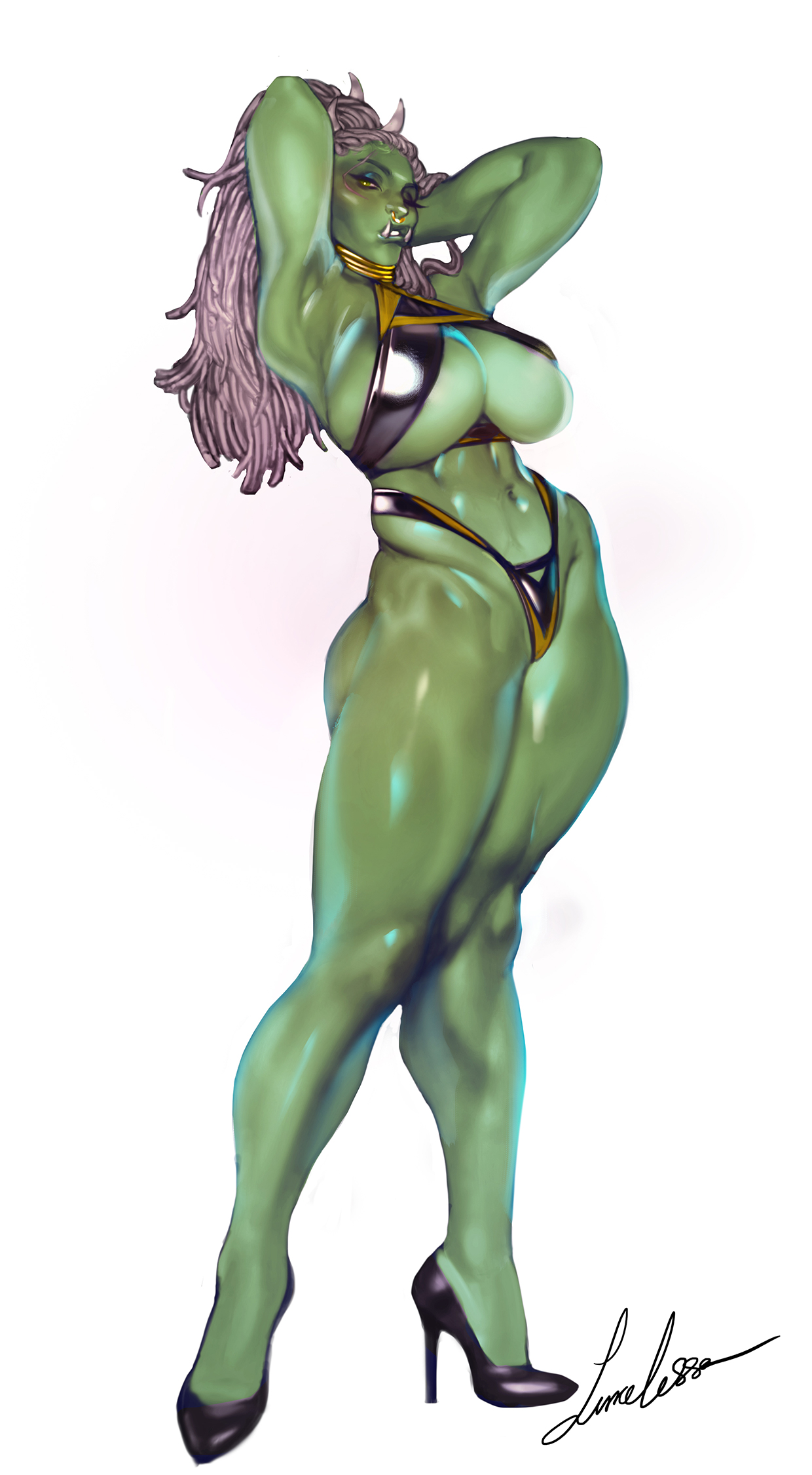 1girls, allofthelewds, armpits, arms behind head, cleavage cutout, dreadlocks, fangs, female, female only, green eyes, green skin, heels, hi res, horns, long hair, long legs, looking at viewer, muscular, muscular female, muscular thighs, narrowed eyes, neck ring, nose ring, orc, orc female, scar across eye, solo, solo female, swimsuit, white background, white hair