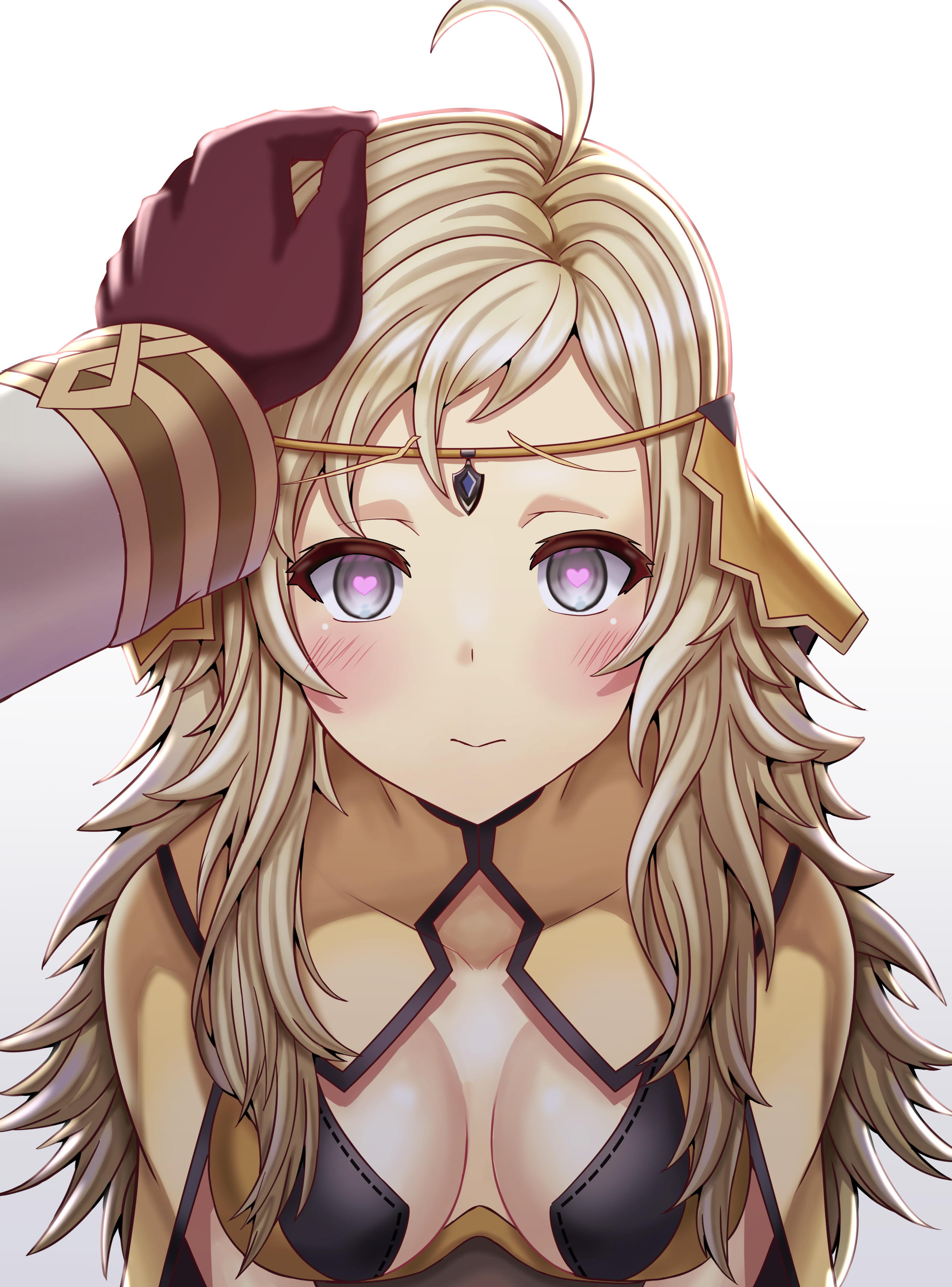 1boy, 1girls, absurdres, ahoge, bangs, blonde hair, breasts, circlet, closed mouth, commission, female, fire emblem, fire emblem fates, fire emblem heroes, gloves, grey eyes, heart, heart-shaped pupils, highres, kiran (fire emblem), kiran (fire emblem) (male), long hair, looking at viewer, male, male hand, medium breasts, nintendo, ophelia (fire emblem), saikunartworks, straight, symbol-shaped pupils
