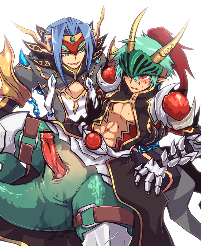 bangs bar_censor black_coat blue_hair blush censored chains coat commentary_request cum dragon_boy emon-yu feet_out_of_frame gauntlets green_eyes green_hair grey_coat hair_between_eyes horns leg_armor long_hair looking_at_another male_focus navel open_mouth parted_bangs penis plume pointless_censoring pointy_ears ragnarok_online red_eyes rune_knight_(ragnarok_online) shirt short_hair simple_background slit_pupils spiked_gauntlets spiked_pauldrons taur visor_(armor) warlock_(ragnarok_online) white_background white_shirt yaoi