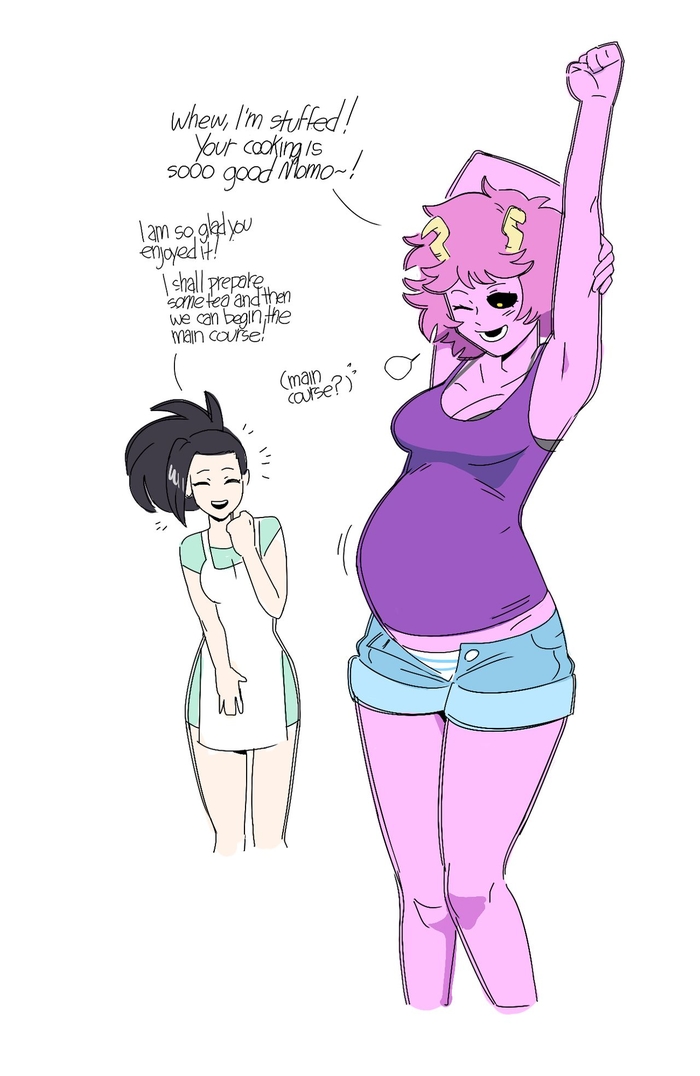 2girls, apron, belly, belly expansion, big belly, black eyes, black hair, blue panties, breasts, clothing, dr-worm, female, female only, horns, lewdlemage, medium breasts, mina ashido, momo yaoyorozu, my hero academia, pink hair, pink skin, short hair, short pink hair, sigh, stuffed belly, stuffing, talking, yellow horns, yellow pupils