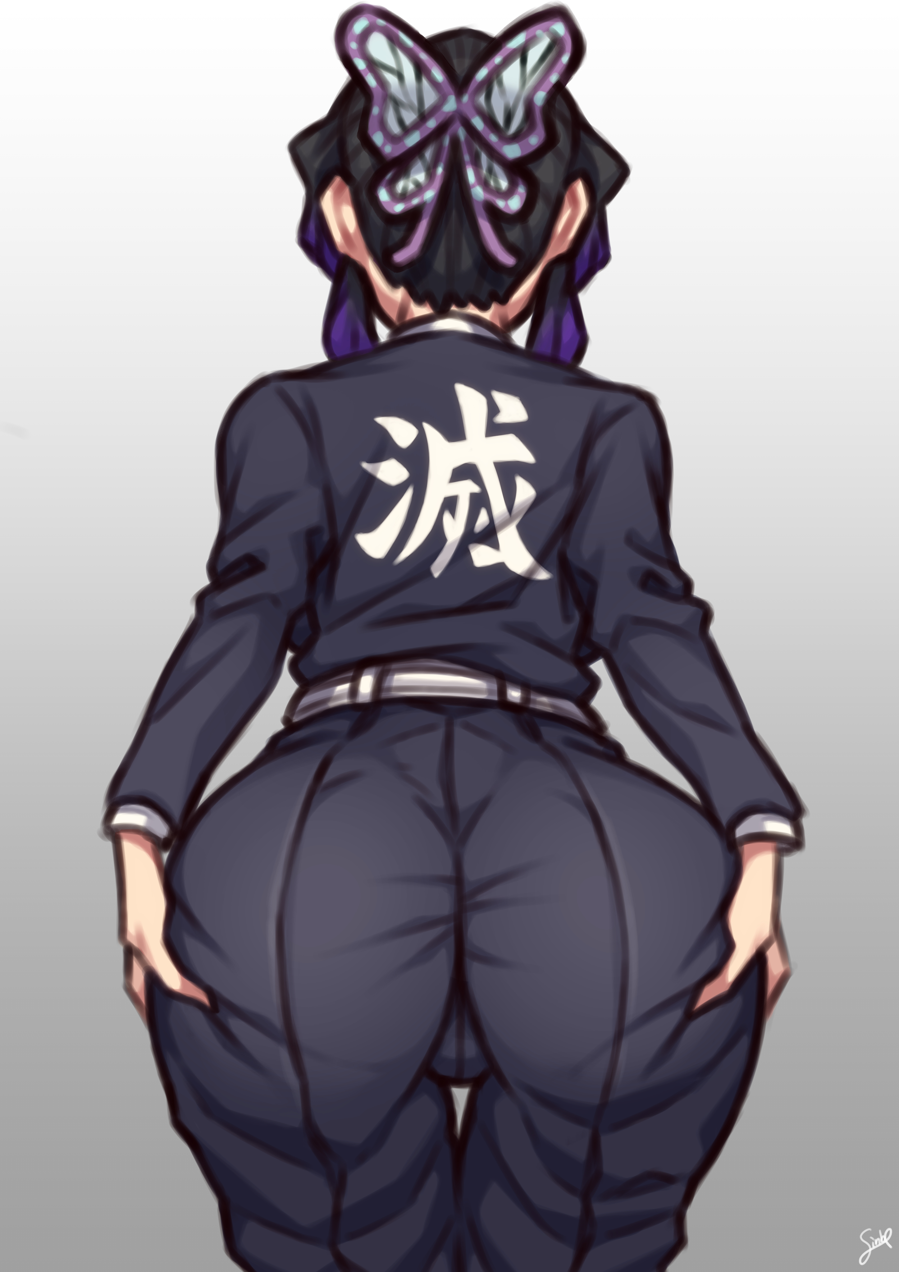 1girls, ass, ass focus, ass grab, back view, big ass, black hair, butterfly hair ornament, clothing, coffeelove68, demon slayer, favorite, female, female only, fully clothed, grabbing own ass, kimetsu no yaiba, kochou shinobu, purple hair, purple-haired female, solo, spread ass, spread ass under clothes, wide hips