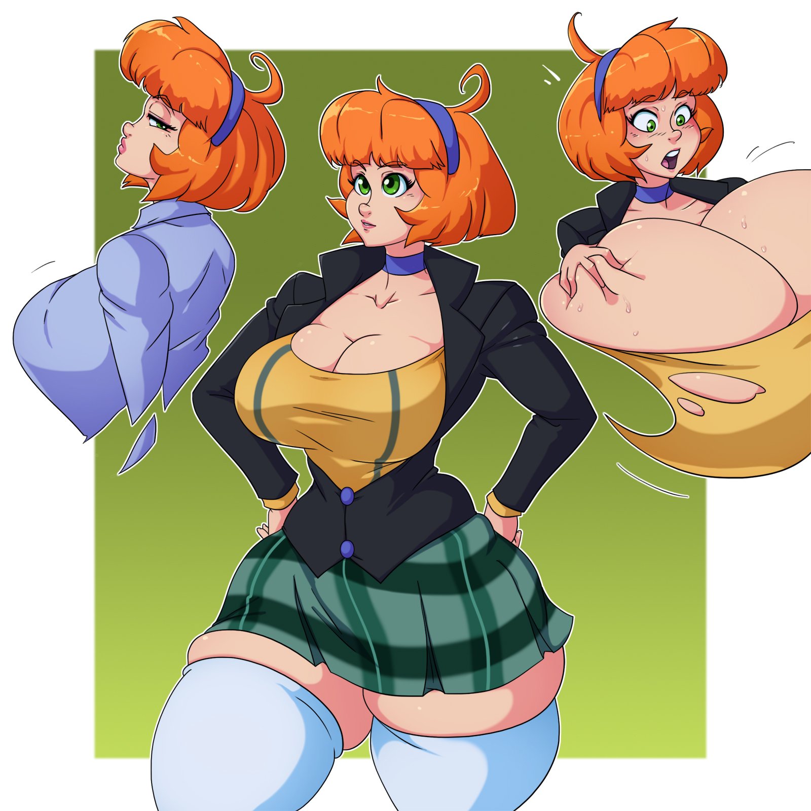 1:1, 1girls, big breasts, breast expansion, breast growth, breast growth (enlargement), breasts, choker, female, female only, green eyes, hips, huge breasts, large breasts, maddison (spiralingstaircase), miniskirt, orange hair, original character, solo, solo female, spiralingstaircase, surprised, thick, thick thighs, thighs, voluptuous, wide hips