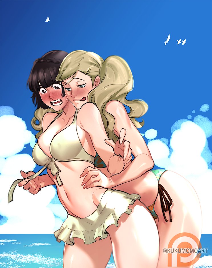 2girls, ann takamaki, ann takamaki (swimsuit), beach, bikini, blonde hair, blush, brown hair, cloud, female, female only, kukumomo, licking lips, long hair, makoto niijima, makoto niijima (swimsuit), naughty face, persona, persona 5, pulling clothing, sega, short hair, twintails, watermark, yuri