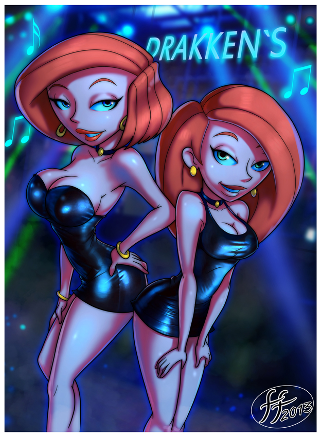 14-bis, 2013, 2girls, alternate costume, ann possible, ass in dress, breasts, choker, cleavage, disney, earrings, female, female only, fully clothed, green eyes, kim possible, kimberly ann possible, large breasts, milf, mother and daughter, multiple females, multiple girls, musical note, nightclub, orange hair, revealing clothes, seductive smile, shiny clothes, straight hair, tight clothing