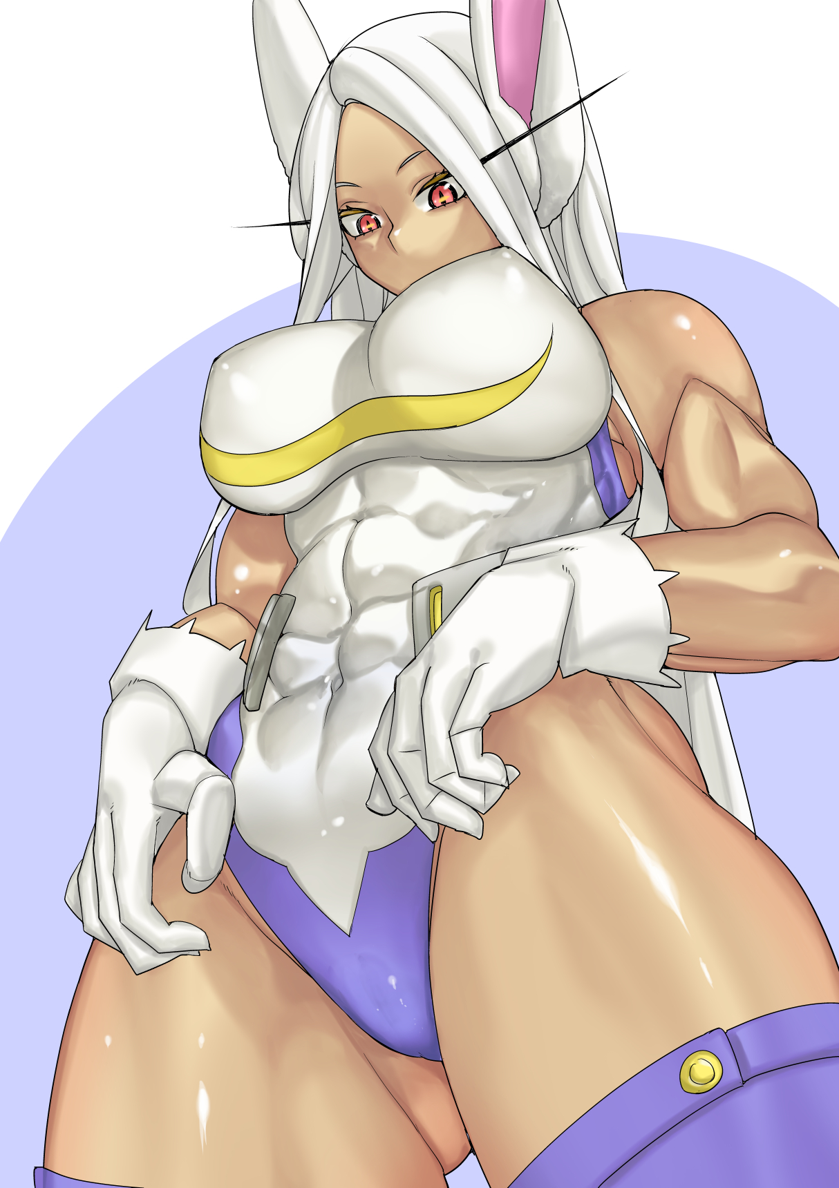 abs, athletic, athletic female, big breasts, breasts, bunny ears, dark skin, dark-skinned female, female, female human, fit, fit female, hero outfit (mha), human, kemonomimi, miruko, muscular, muscular female, my hero academia, rumi usagiyama, shosho oekaki, solo, superhero costume, superheroine, tan, thick thighs, tight clothing, white hair, wide hips