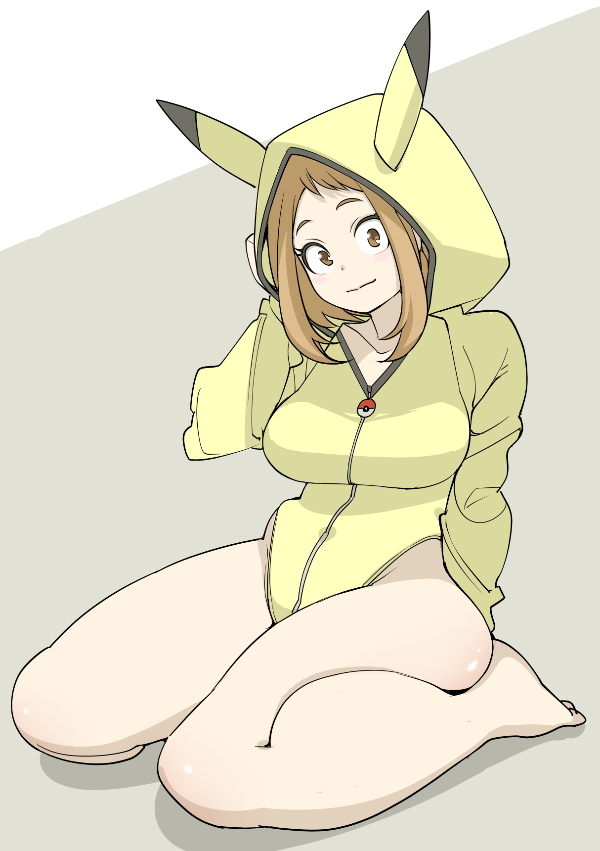 1girls, bottomless, female, hoodie, looking at viewer, my hero academia, ochako uraraka, pokemon, shosho oekaki, solo, solo female, thick thighs, thighs