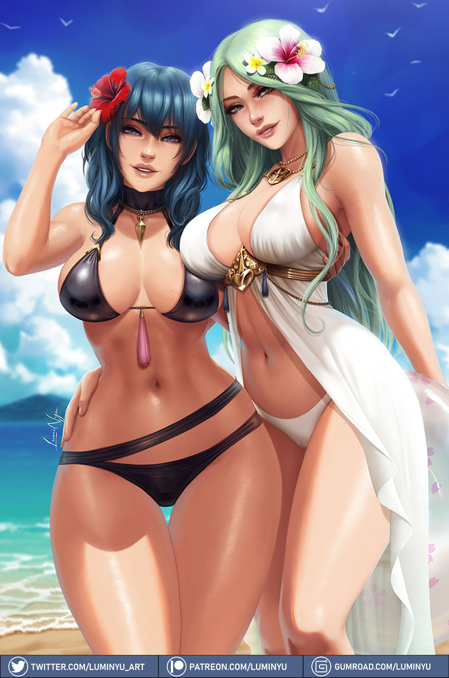 2021 2girls alternate_costume arm_around_waist artist_signature bare_legs beach bikini black_bikini black_swimsuit blue_hair blue_sky breasts byleth_(fire_emblem) byleth_(fire_emblem)_(female) byleth_(summer)_(fire_emblem)_(female) cameltoe cleavage cropped_legs female female_focus female_only fire_emblem fire_emblem:_three_houses fire_emblem_heroes flower flower_hair_ornament flower_in_hair green_eyes green_hair gumroad_logo gumroad_username hair_flower hair_ornament highres hips holding_object hourglass_figure huge_breasts innertube jewelry large_breasts lips long_hair looking_at_viewer luminyu medium_hair multiple_girls naughty_face navel necklace nintendo official_alternate_costume outdoors parted_lips patreon_logo patreon_username purple_eyes red_flower rhea_(fire_emblem) rhea_(summer)_(fire_emblem) sand seagull shiny_skin slim_waist smile smiling_at_viewer stomach suggestive_look swimsuit thick_lips thick_thighs thigh_gap thighs toned twitter_logo twitter_username water white_bikini white_clothing white_swimsuit wide_hips