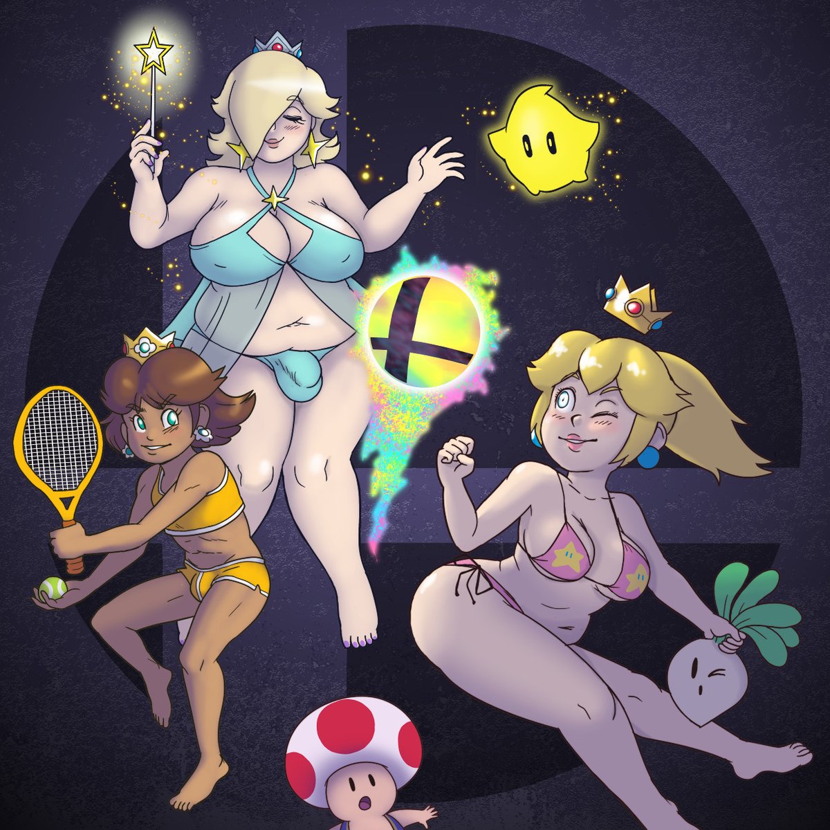 3girls athletic bikini blonde_hair blue_eyes breasts brown_hair bulge chubby chubby_female crown dark_skin earrings feet female implied_futanari light_skin luma mario_(series) mario_tennis nintendo overweight penis_bulge plump princess_daisy princess_peach princess_rosalina sesameseedfun smash_ball super_mario_bros._2 super_mario_galaxy super_smash_bros. tennis_racket toad_(mario) wand wink