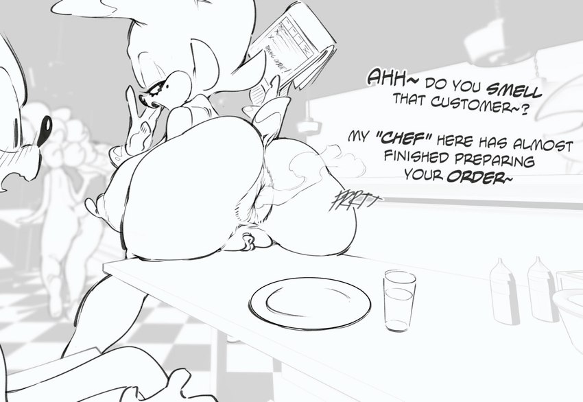 anthro anus ass big_breasts blush breasts catsstuff duo fan_character fart fart_cloud fart_fetish female furniture genitals glass group huge_breasts huge_nipples lass mole_(marking) nipples plate public pussy restaurant sega shadow_the_hedgehog sonic_(series) sonic_the_hedgehog sophie_(argento) surprise surprised_expression table waiter