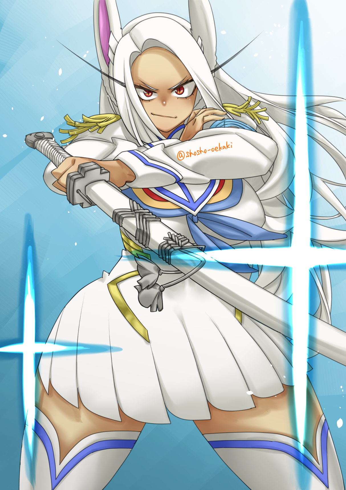 1girls, animal ears, bunny ears, cosplay, crossover cosplay, dark skin, dark-skinned female, eyelashes, female, female only, fully clothed, junketsu, junketsu (cosplay), kill la kill, kiryuuin satsuki (cosplay), long hair, looking at viewer, miruko, my hero academia, red eyes, rumi usagiyama, school uniform, shosho oekaki, skirt, solo, sword, white hair