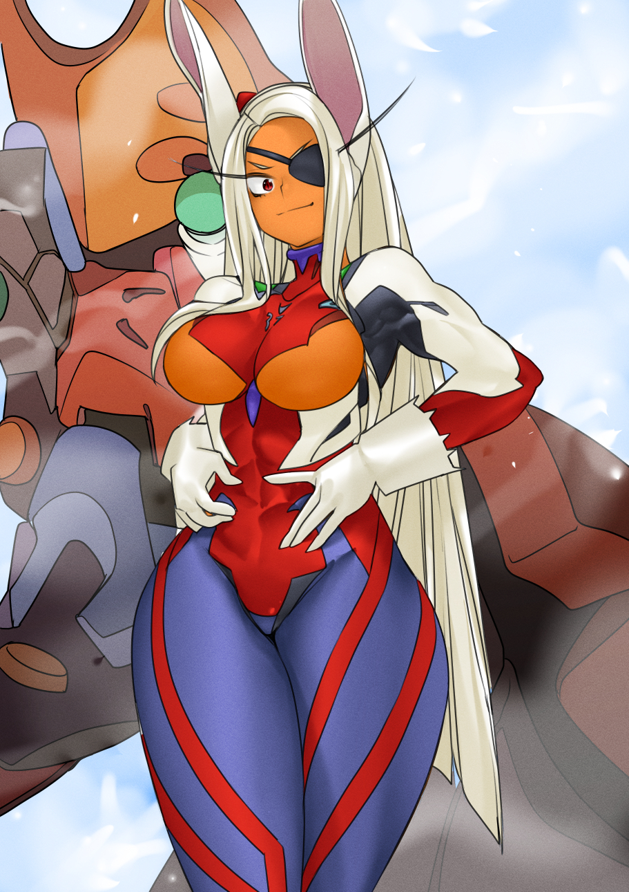 asuka langley sohryu (cosplay), bunny ears, cosplay, crossover cosplay, dark skin, dark-skinned female, eyepatch, female, miruko, muscular, muscular female, my hero academia, neon genesis evangelion, rumi usagiyama, shosho oekaki, solo, solo female, tan, white hair