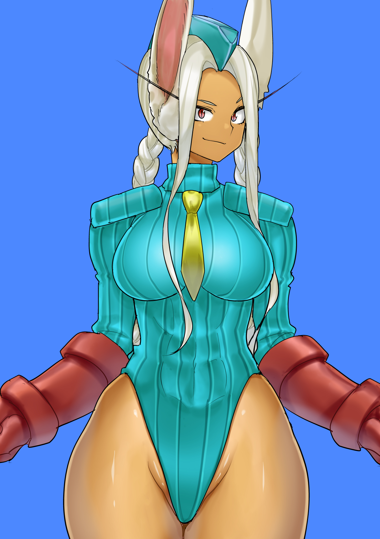 1girls, braided hair, bunny ears, cammy white, cosplay, crossover cosplay, dark skin, dark-skinned female, female, long hair, looking at viewer, miruko, my hero academia, red eyes, rumi usagiyama, shosho oekaki, solo, solo female, street fighter, white hair