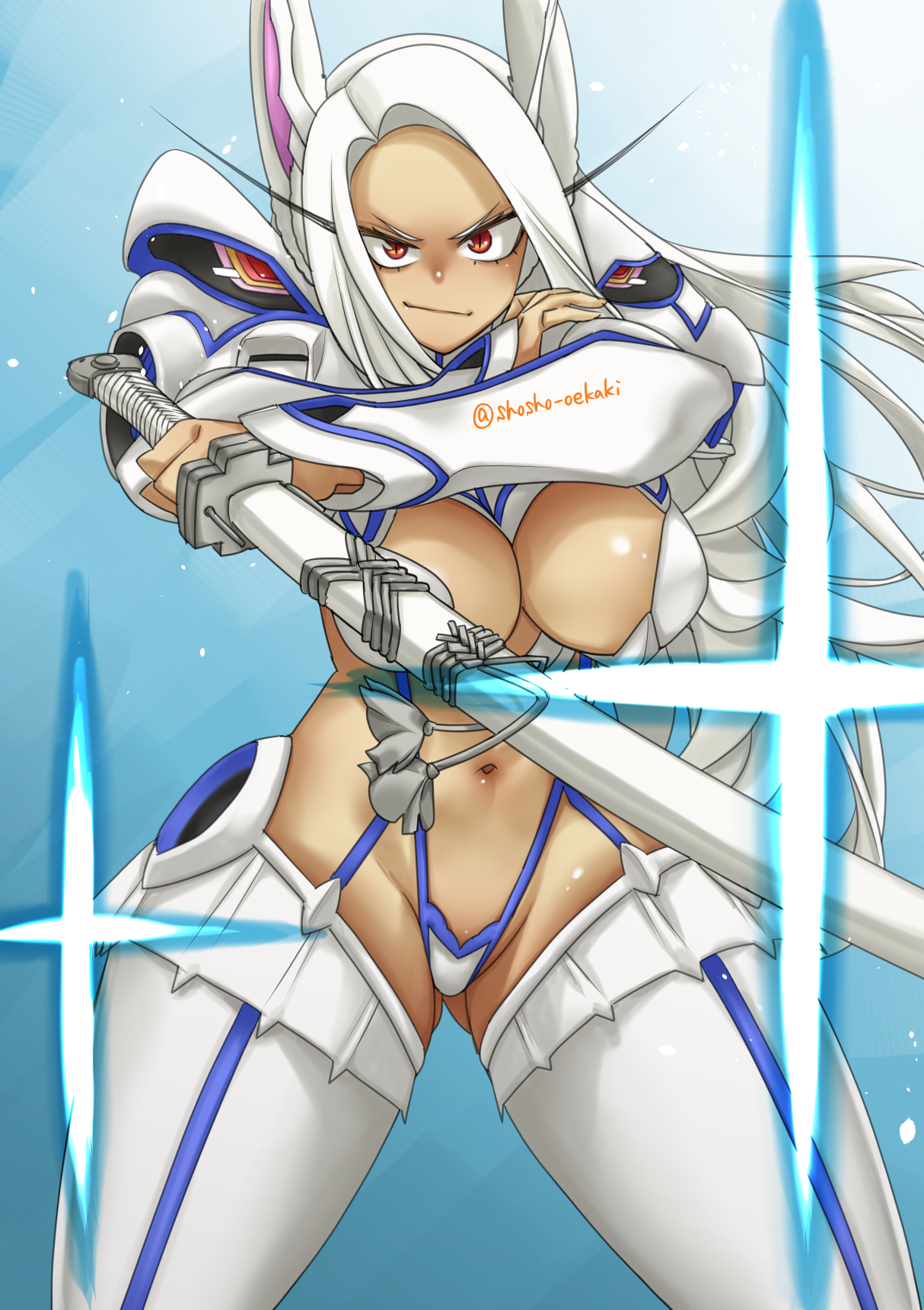 1girls, animal ears, bunny ears, cosplay, crossover cosplay, dark skin, dark-skinned female, eyelashes, female, female only, junketsu, junketsu (cosplay), kill la kill, kiryuuin satsuki, lingerie, long hair, looking at viewer, miruko, my hero academia, rabbit ears, red eyes, rumi usagiyama, shosho oekaki, solo, sword, thick thighs, white hair, wide hips