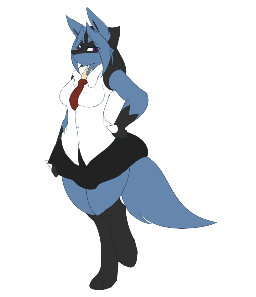 breasts dewwydartz female furry game_freak hand_on_hip lucario may_(dewwydartz) nintendo pokemon pokemon_(species) purple_eyes school_uniform thick_thighs white_background wide_hips