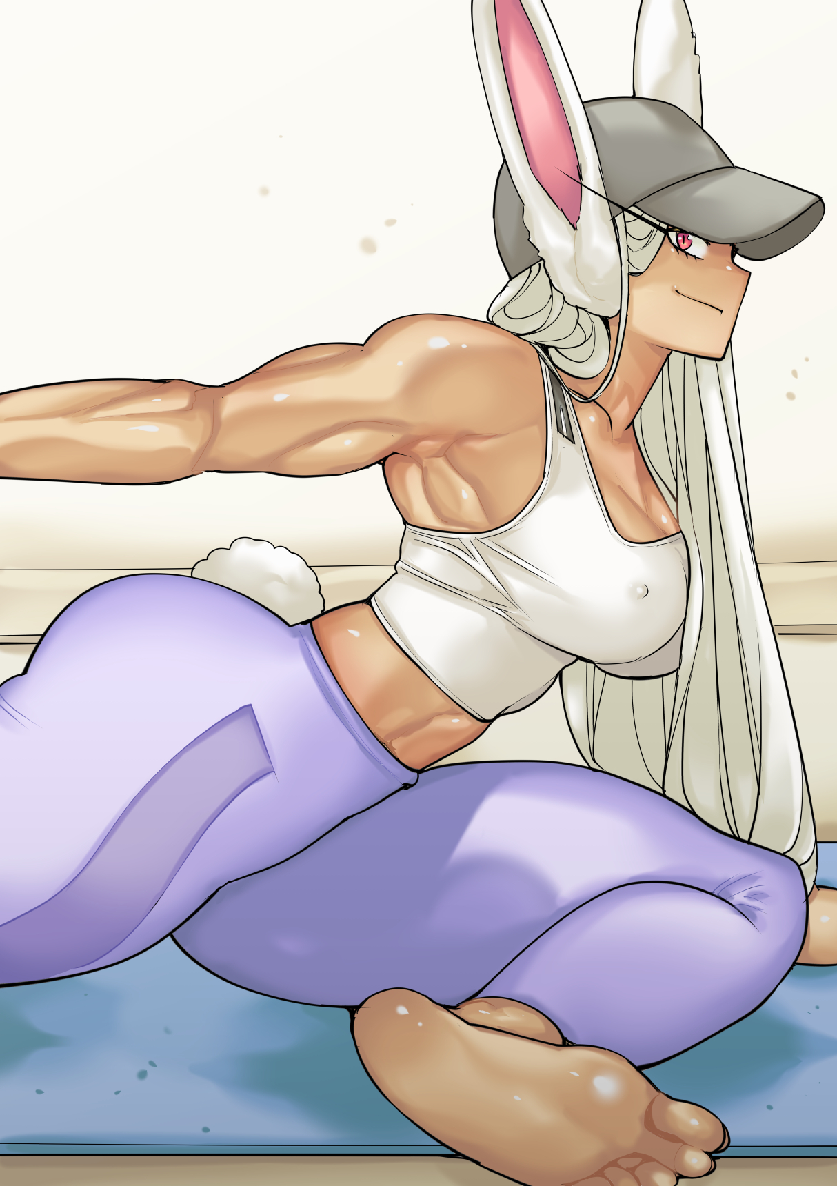 barefoot, baseball cap, bunny ears, bunny tail, dark skin, dark-skinned female, feet, female, looking at viewer, miruko, muscular, muscular female, my hero academia, rumi usagiyama, shosho oekaki, soles, solo, stretching, tan, white hair, yoga pants