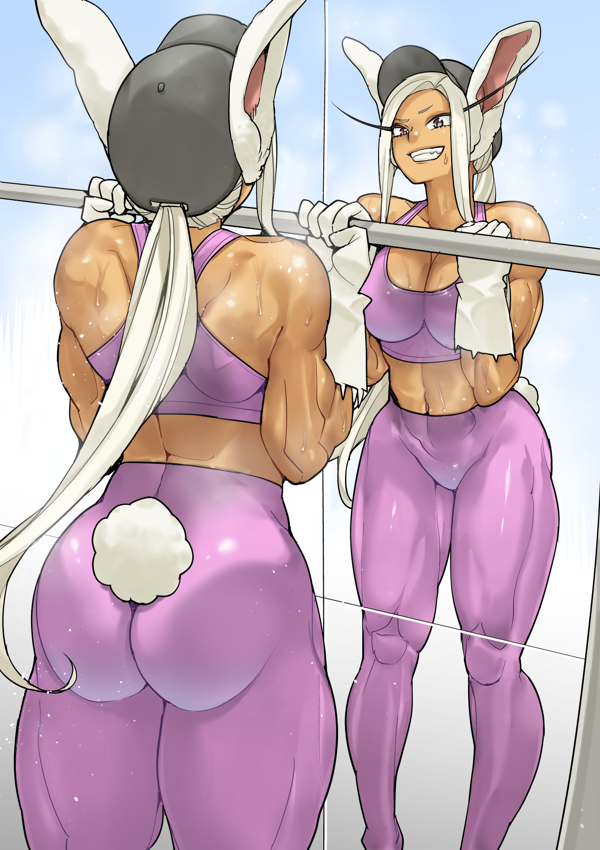 1girls, ass, baseball cap, big ass, bunny ears, bunny tail, dark skin, dark-skinned female, female, mirror, miruko, muscular, my hero academia, ponytail, rumi usagiyama, shosho oekaki, solo, solo female, sports bra, sweat, tight clothing, weightlifting, white hair, workout, yoga pants