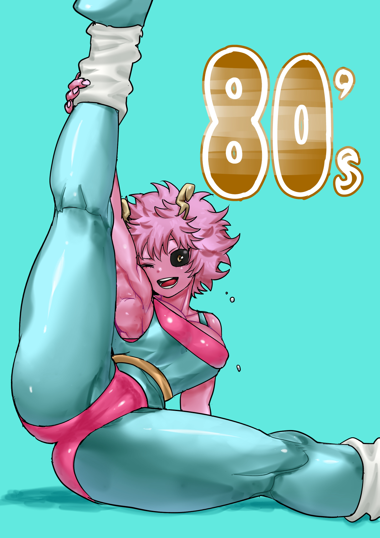 1girls, female, leg lift, leg up, leg warmers, mina ashido, my hero academia, pink hair, pink skin, short hair, shosho oekaki, simple background, solo, solo female, spandex, spread legs, stretching, teenager, tight clothing, wink