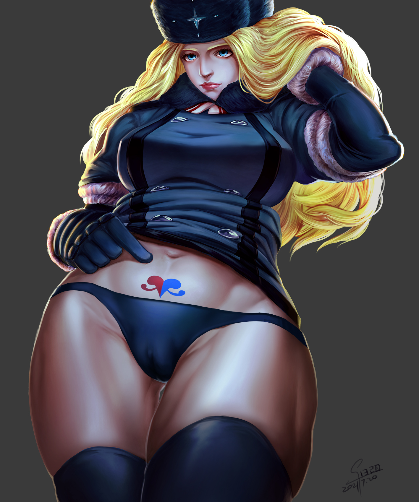 1girls, 2021, abs, adjusting hair, artist name, black gloves, black legwear, black panties, blonde hair, blue eyes, breasts, buttons, cameltoe, clitoris, coat, erect clitoris, eyebrows, female, fur hat, fur trim, gloves, gluteal fold, hat, kolin (street fighter), large breasts, legwear, lips, long hair, looking away, muscular, muscular female, navel, panties, pointing, pubic tattoo, pussy, pussy outline, skirt lift, solo, standing, street fighter, street fighter v, thick thighs, thighhighs, thighs, ushanka, wavy hair, wide hips, winter clothes, winter coat, xxx1320
