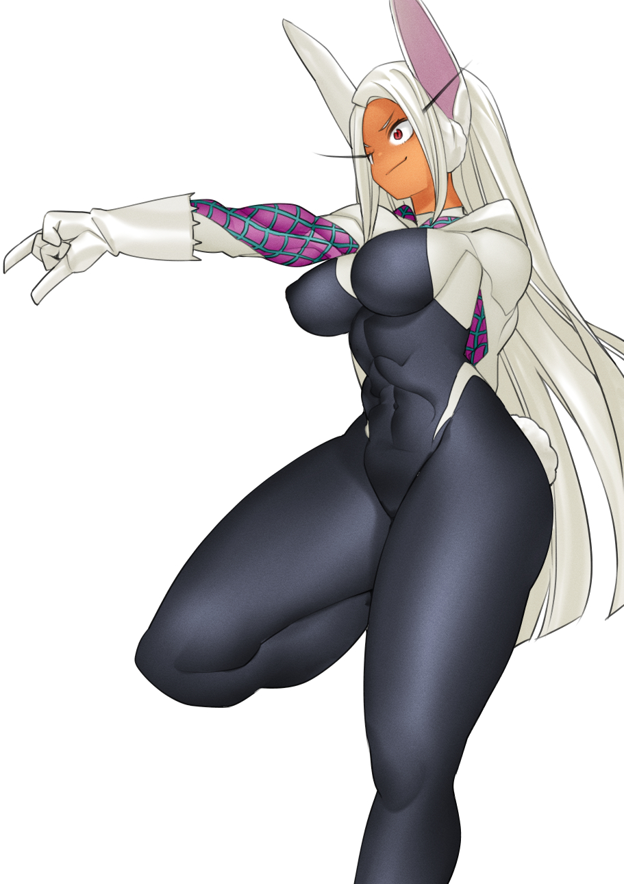 1girls, animal ears, bodysuit, bunny ears, cosplay, crossover cosplay, dark skin, dark-skinned female, female, female only, fully clothed, gloves, long hair, marvel, marvel comics, miruko, my hero academia, red eyes, rumi usagiyama, shosho oekaki, solo, solo female, spider-gwen (cosplay), spider-man (series), tan, tight clothing, white background, white hair