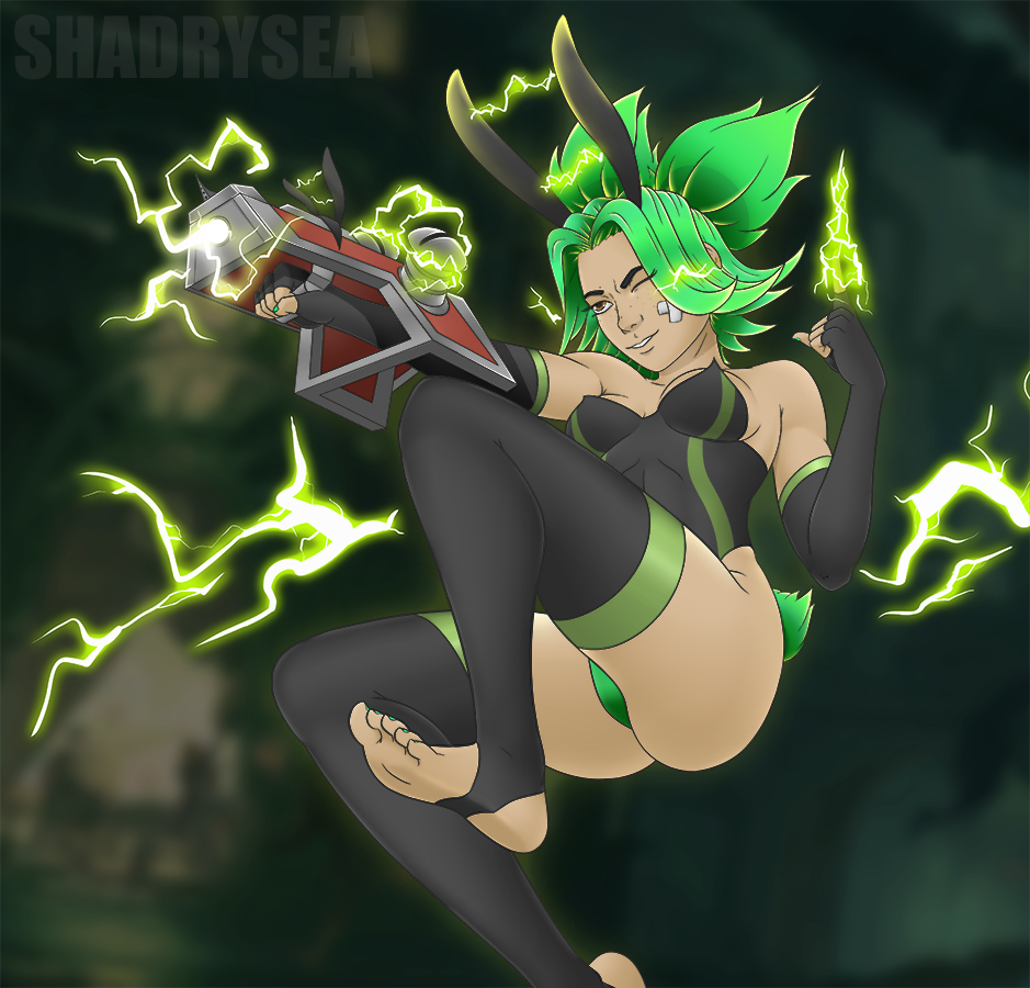 ass breasts bunny_ears bunnysuit electricity feet green_hair green_toenails league_of_legends nails shadrysea swimsuit toeless_legwear weapon yellow_hair zeri_(league_of_legends)