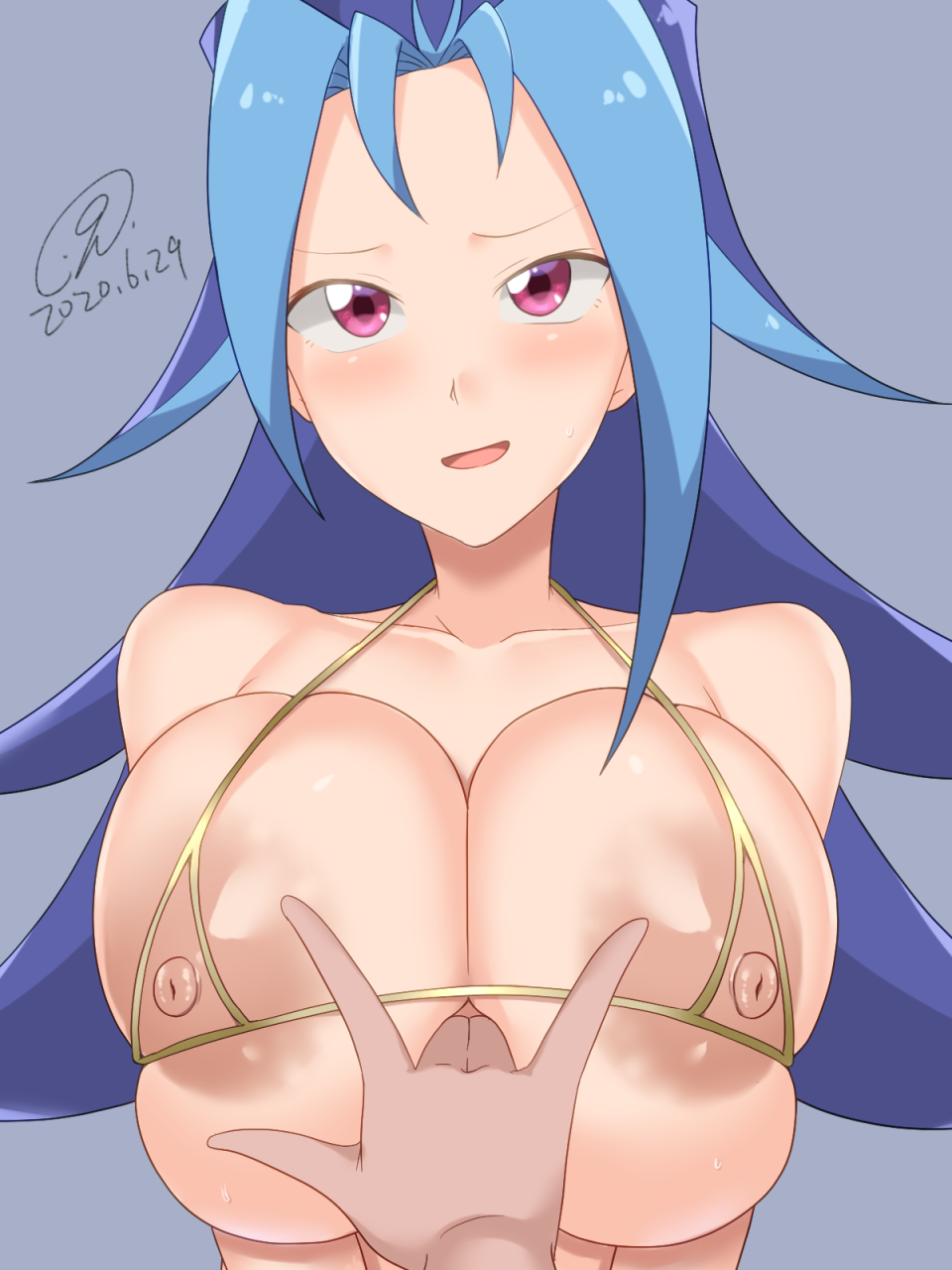 9rimson blue_hair blush bra breasts female hand_on_breast huge_breasts kamishiro_rio kyuurimuzon looking_at_another nipples red_eyes rio_kamishiro smile yu-gi-oh! yu-gi-oh!_zexal