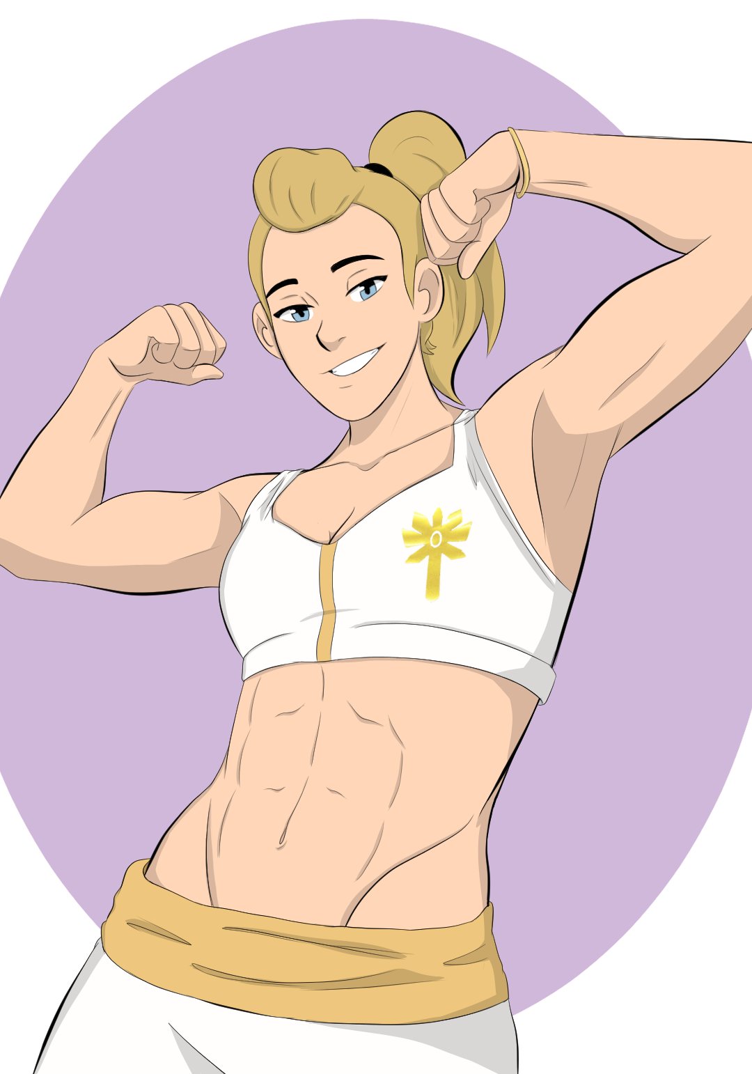 1girls abs adora blonde_female blonde_hair blue_eyes clenched_fists clenched_hand clenched_hands female flexing hair_tie looking_at_viewer masters_of_the_universe muscles muscular_female nut_meg_nsfw pinup plain_background ponytail she-ra_and_the_princesses_of_power shorts solo solo_female sports_bra