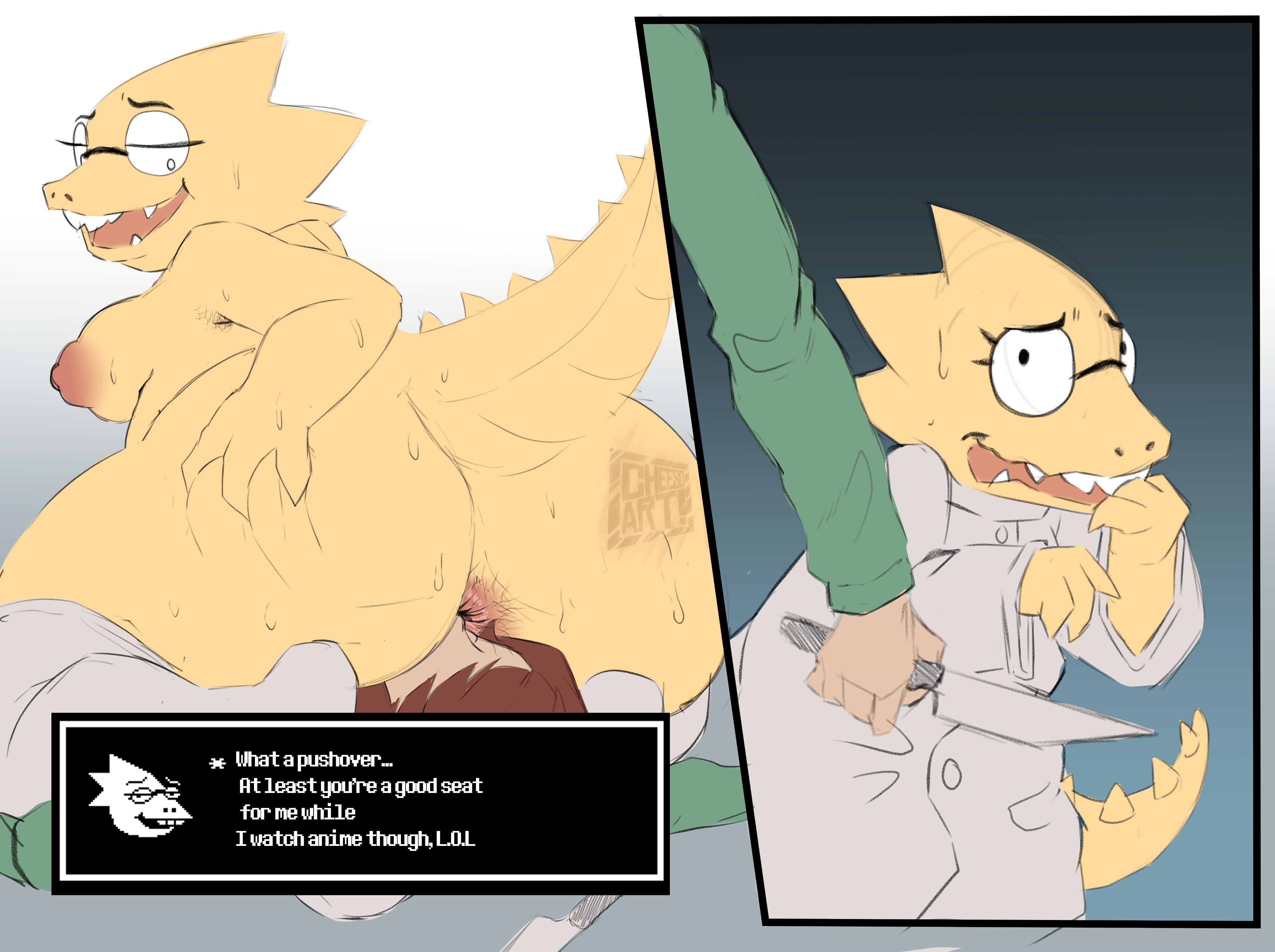 1boy, 1girls, 2d, alphys, anal hair, anilingus, anthro, anthro focus, ass sniffing, bbw, chara, cheesoart, chubby, clothed male nude female, english text, facesitting, female, femdom, forced, hairy, human, humanoid, humiliated, instant loss 2koma, lizard girl, lizard humanoid, male, male chara, musk, reptile, reptile humanoid, rimming, slave, smell, smelly, sweaty, text, undertale, undertale (series)