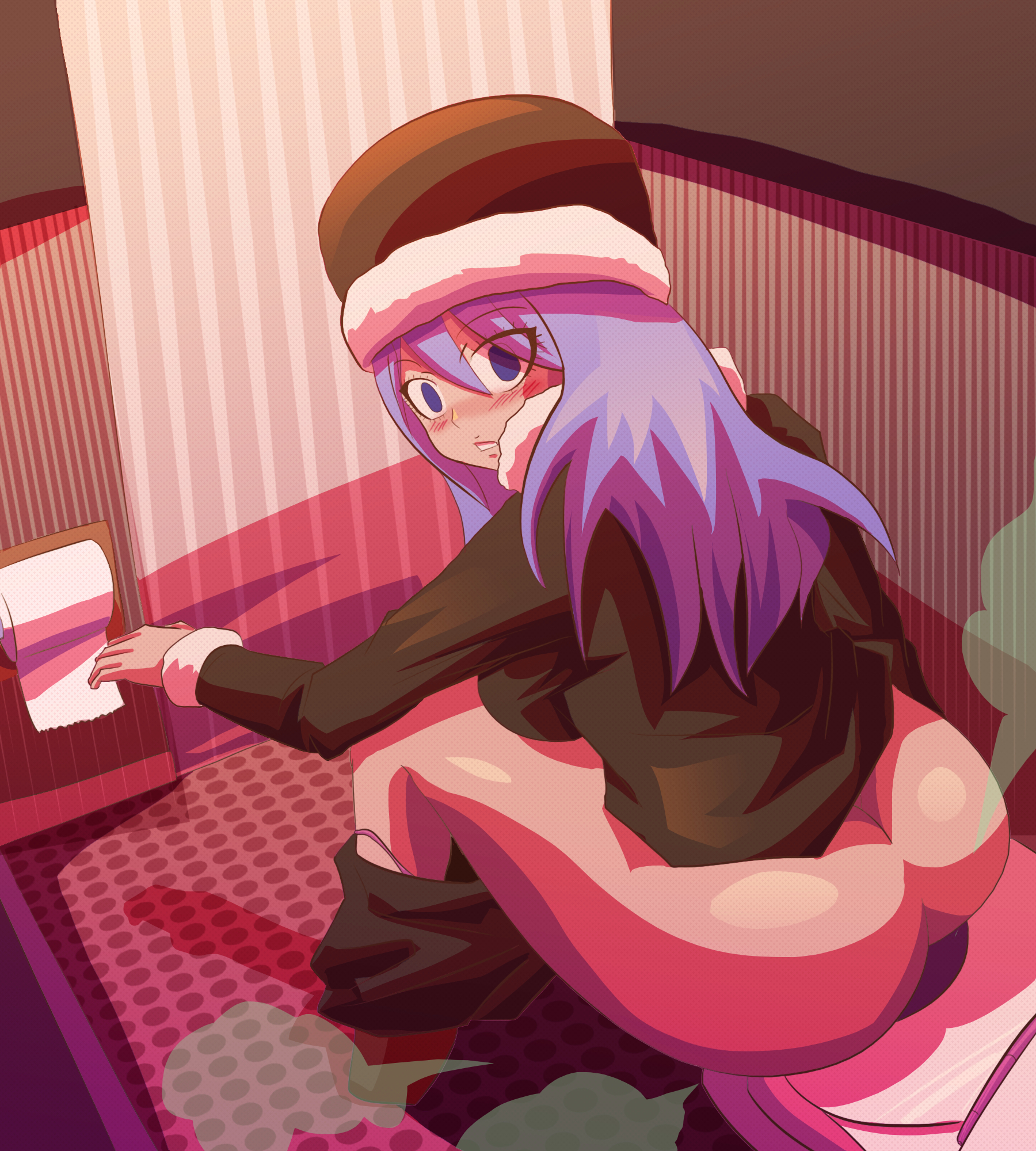 ass cheeks, bare ass, blue eyes, blue hair, blush, fairy tail, fart, fart cloud, fart fetish, female, juvia lockser, long hair, looking at viewer, partially clothed, toilet, toilet paper, toilet use