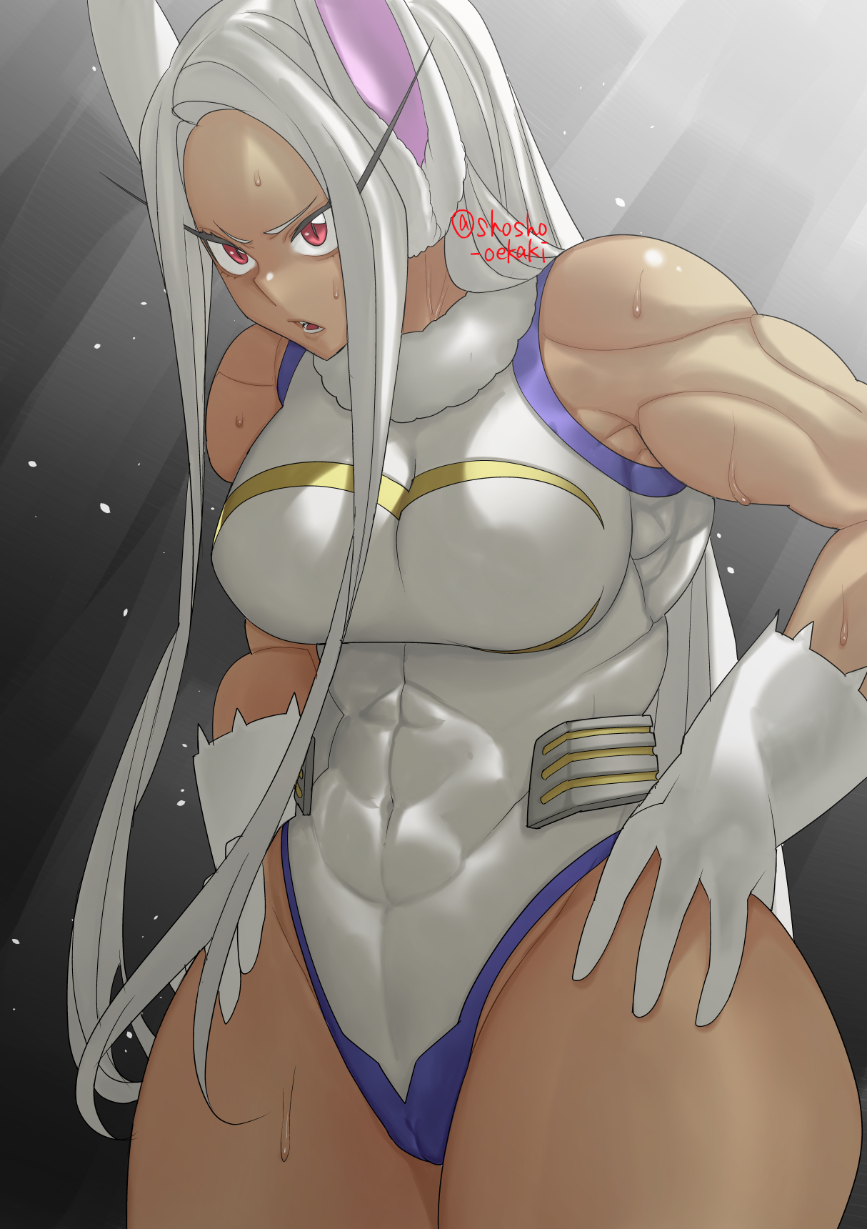 abs, athletic, athletic female, big breasts, breasts, cameltoe, dark skin, dark-skinned female, female, female human, fit, fit female, hero outfit (mha), human, kemonomimi, leotard, miruko, muscular, muscular female, my hero academia, pussy, rumi usagiyama, shosho oekaki, solo, superhero costume, superheroine, sweat, thick thighs, white hair, wide hips