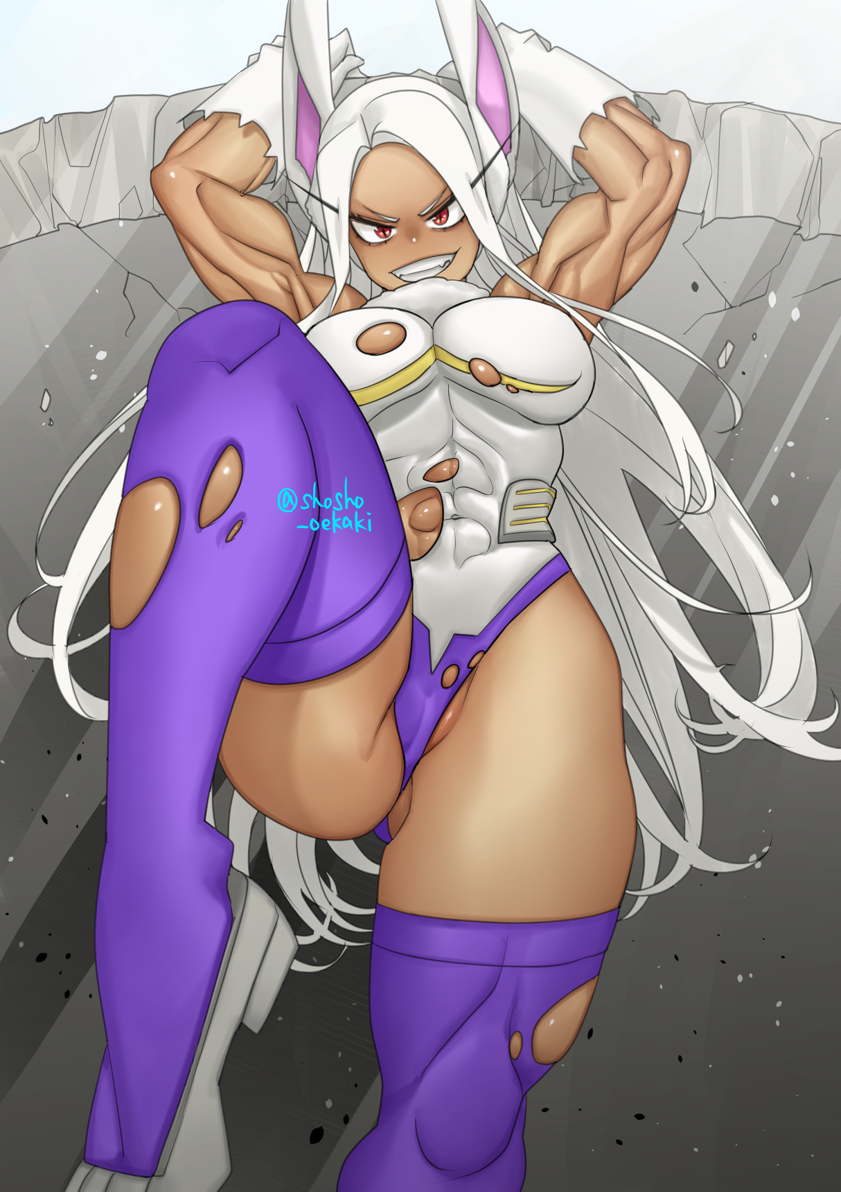 abs, athletic, athletic female, dark skin, dark-skinned female, female, female human, fit, fit female, hero outfit (mha), human, kemonomimi, miruko, muscular, muscular female, my hero academia, rumi usagiyama, shosho oekaki, solo, superhero costume, superheroine, torn clothes, white hair