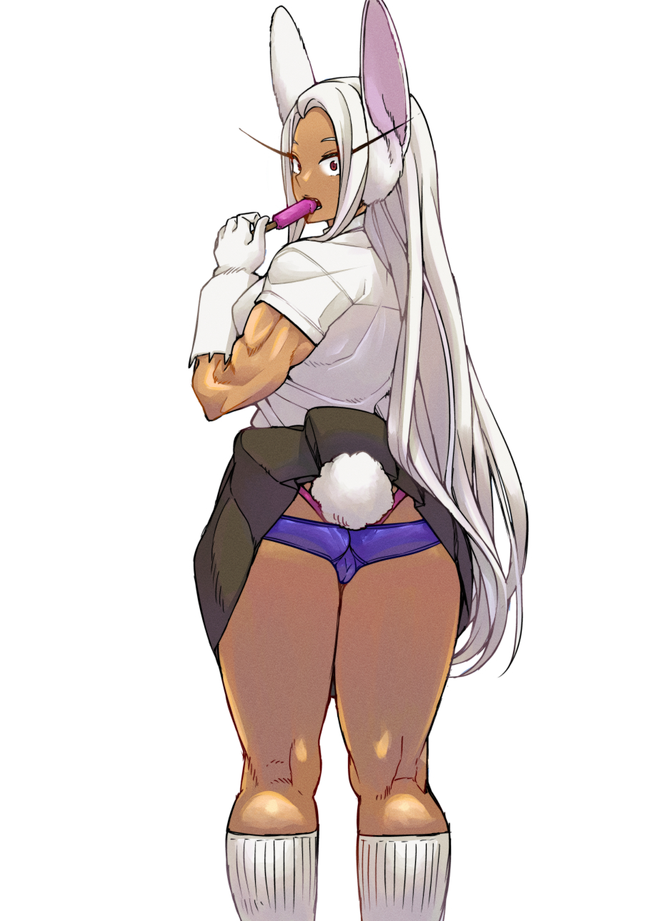 ass, ass cleavage, ass crack, bunny ears, bunny tail, butt crack, dark skin, dark-skinned female, female, miruko, muscular, muscular female, my hero academia, pantyshot, popsicle, rumi usagiyama, school uniform, schoolgirl, shosho oekaki, solo, solo female, thong, upskirt, whale tail, white hair