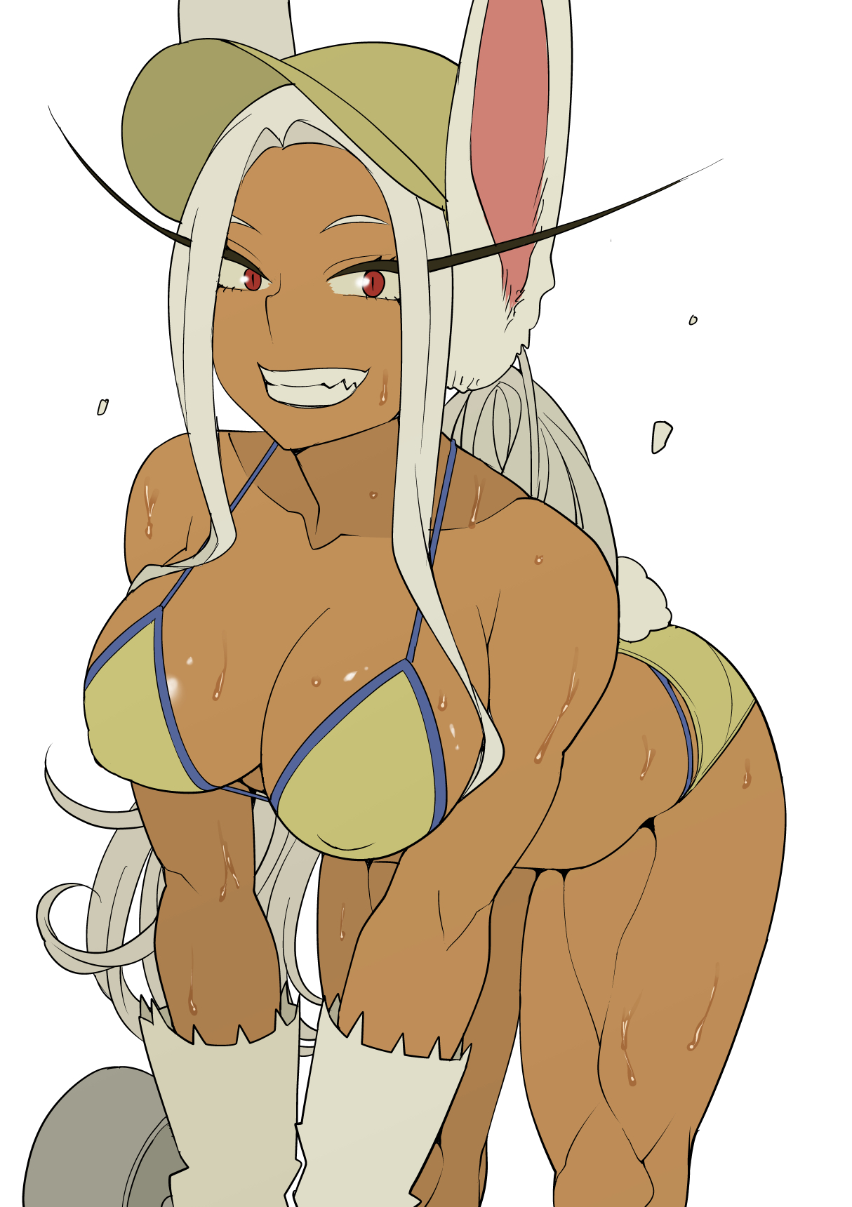 breasts, bunny ears, cleavage, dark skin, dark-skinned female, female, female only, looking at viewer, miruko, muscular, muscular female, my hero academia, red eyes, rumi usagiyama, shosho oekaki, smile, solo, solo female, sweat, weightlifting, white hair, workout