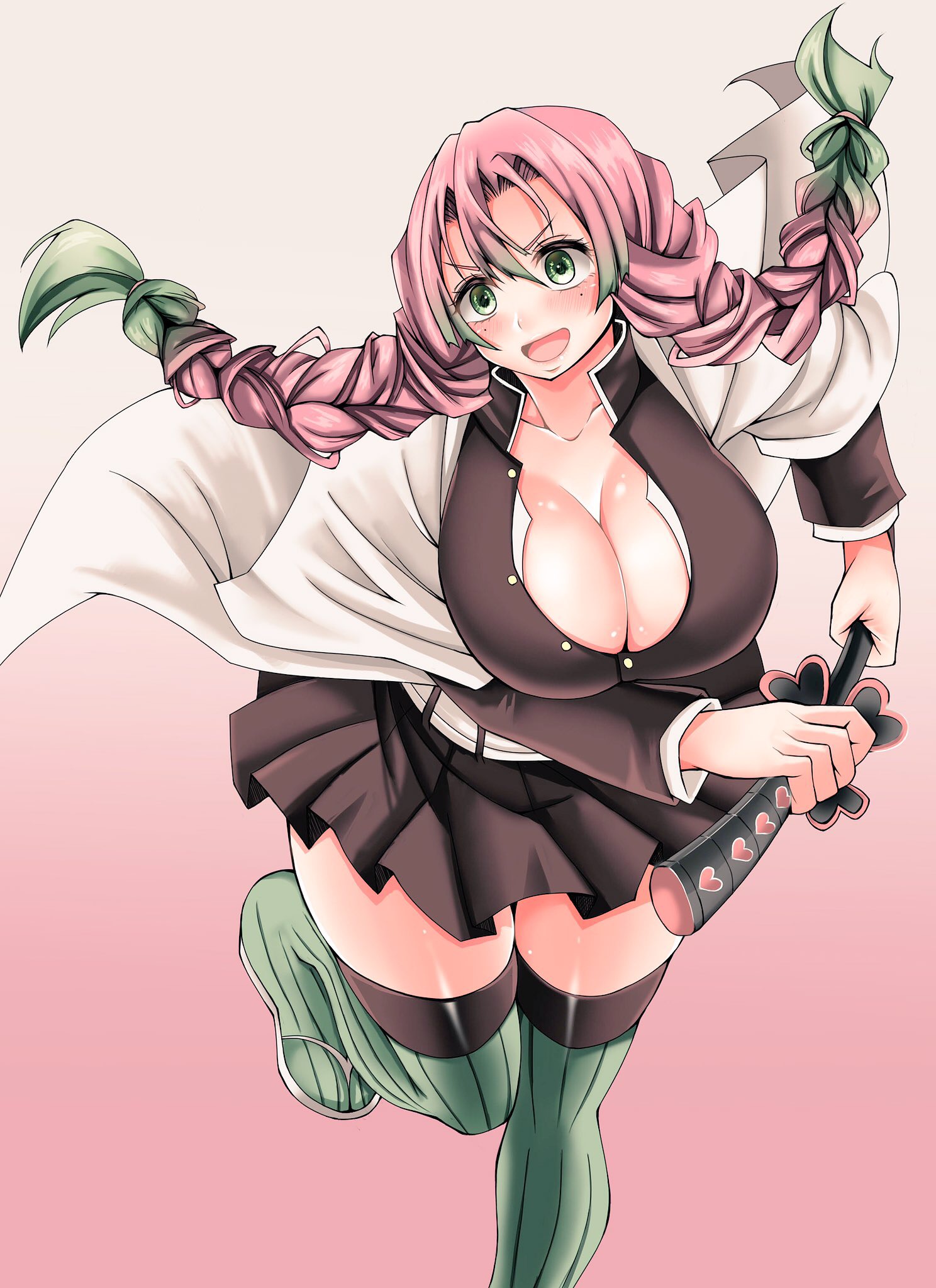 1girls, big breasts, braided hair, braids, breasts, cleavage, clothing, demon slayer, female, female only, green eyes, haori, kanroji mitsuri, kimetsu no yaiba, open shirt, pink background, pink hair, pink-haired female, smile, socks, solo, sword, thick thighs, thighhighs, two-tone hair, unbuttoned shirt