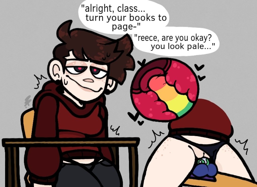 classroom, dildo, dildo sitting, female, heart, lavabutts, masturbation, original, original character, panties aside, pussy, rainbow dildo, reece (lavabutts), smile, stealth masturbation, sweat, sweatdrop, tomboy, wet, wet pussy