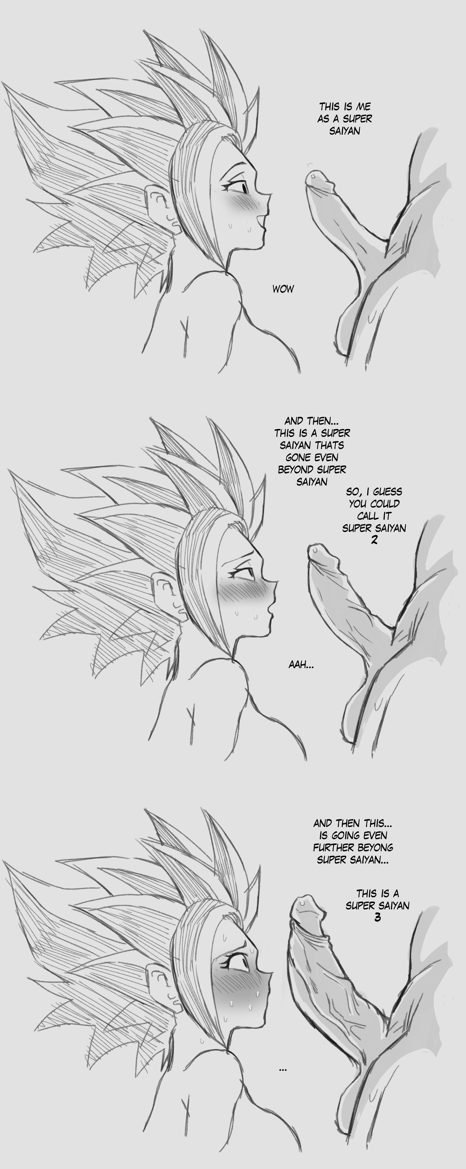 1boy, 1girls, caulifla, cock shock, dragon ball, dragon ball super, english text, female, goku, imminent oral, imminent sex, male, male/female, penis, penis awe, saiyan, son goku, text