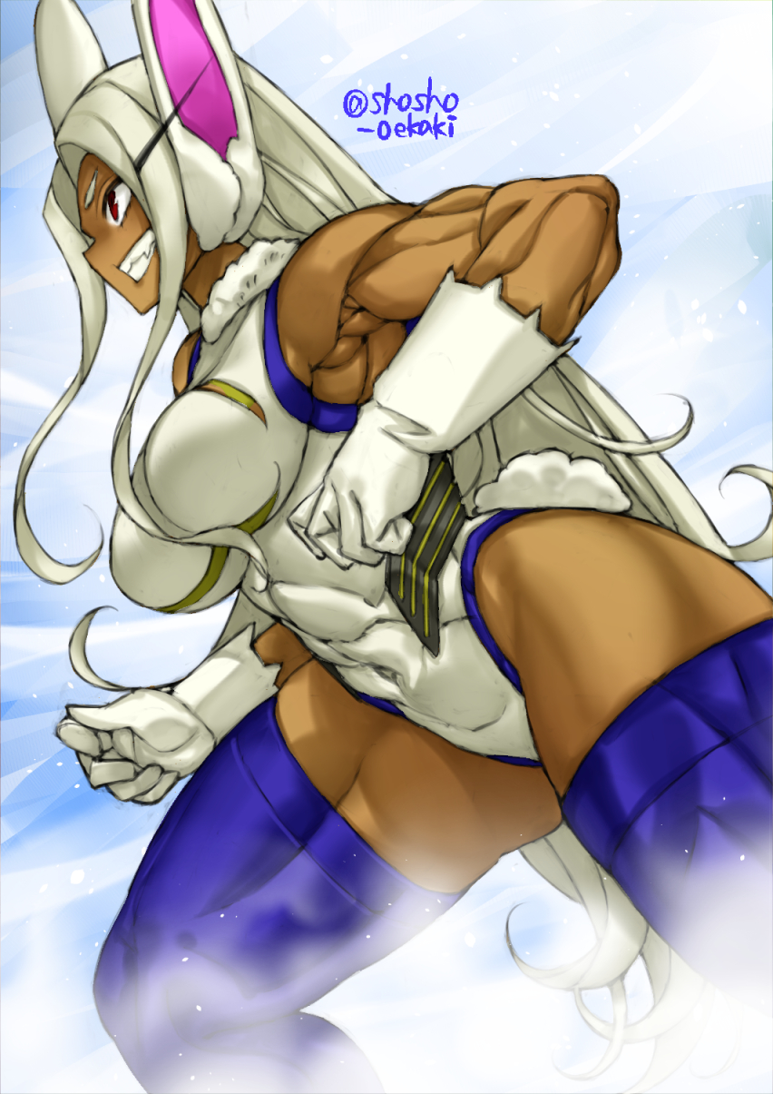 abs, athletic, athletic female, bunny ears, bunny tail, dark skin, dark-skinned female, female, female human, fit, fit female, hero outfit (mha), human, kemonomimi, miruko, muscular, muscular female, my hero academia, rumi usagiyama, shosho oekaki, solo, superhero costume, superheroine, thick thighs, tight clothing, white hair