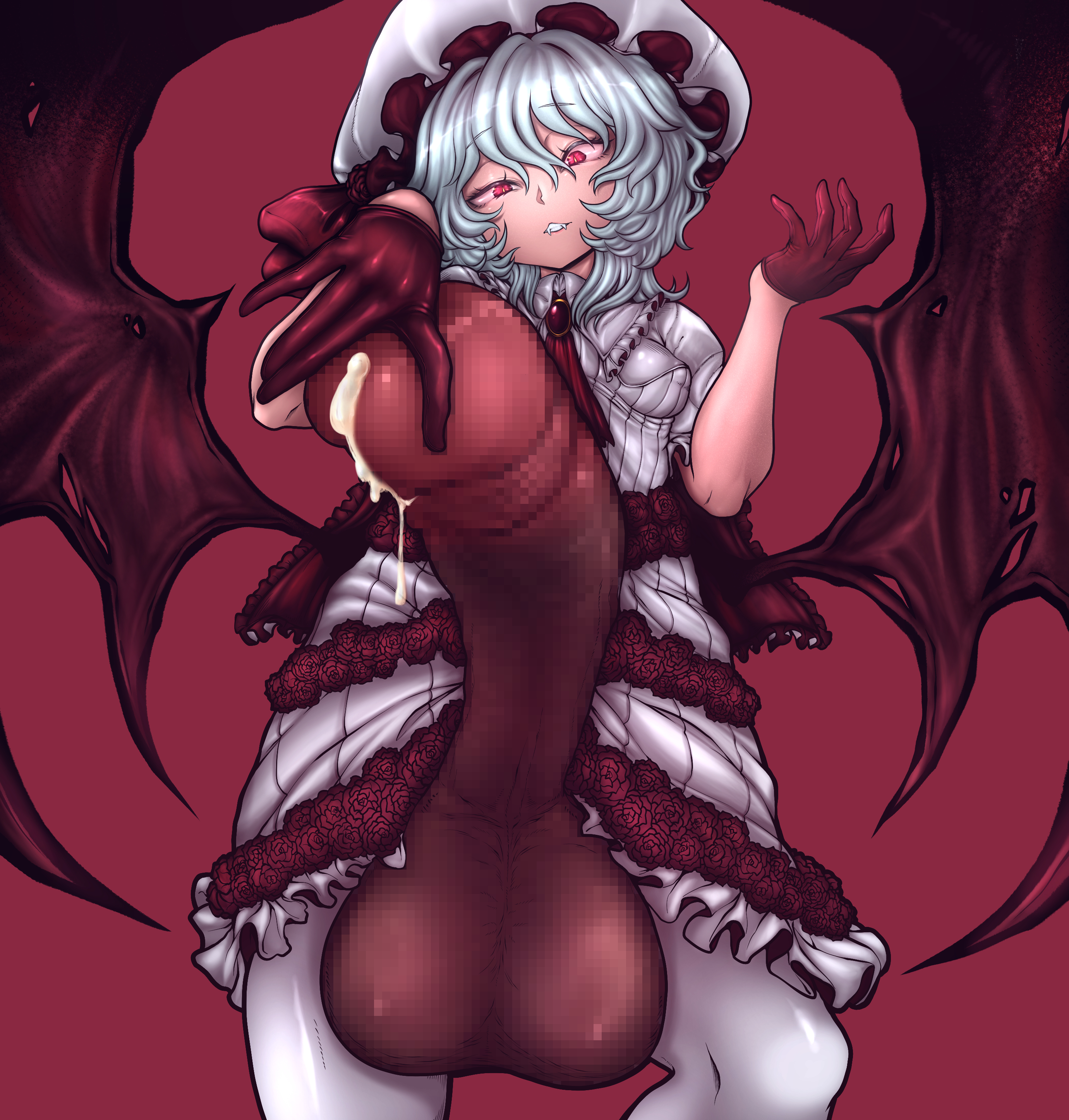 1futa, balls, breasts, censored, citone, clothed, clothing, cum, dress, erection, fangs, female, full-package futa, futa only, futa vampire, futanari, gloves, hat, huge balls, huge cock, humanoid, humanoid penis, intersex, light skin, light-skinned futa, looking at viewer, low-angle view, monster girl, mosaic censoring, mostly clothed, pale skin, penis, penis bigger than body, precum, remilia scarlet, simple background, solo, solo focus, solo futa, standing, tagme, taker pov, touhou, vampire, white hair, wings