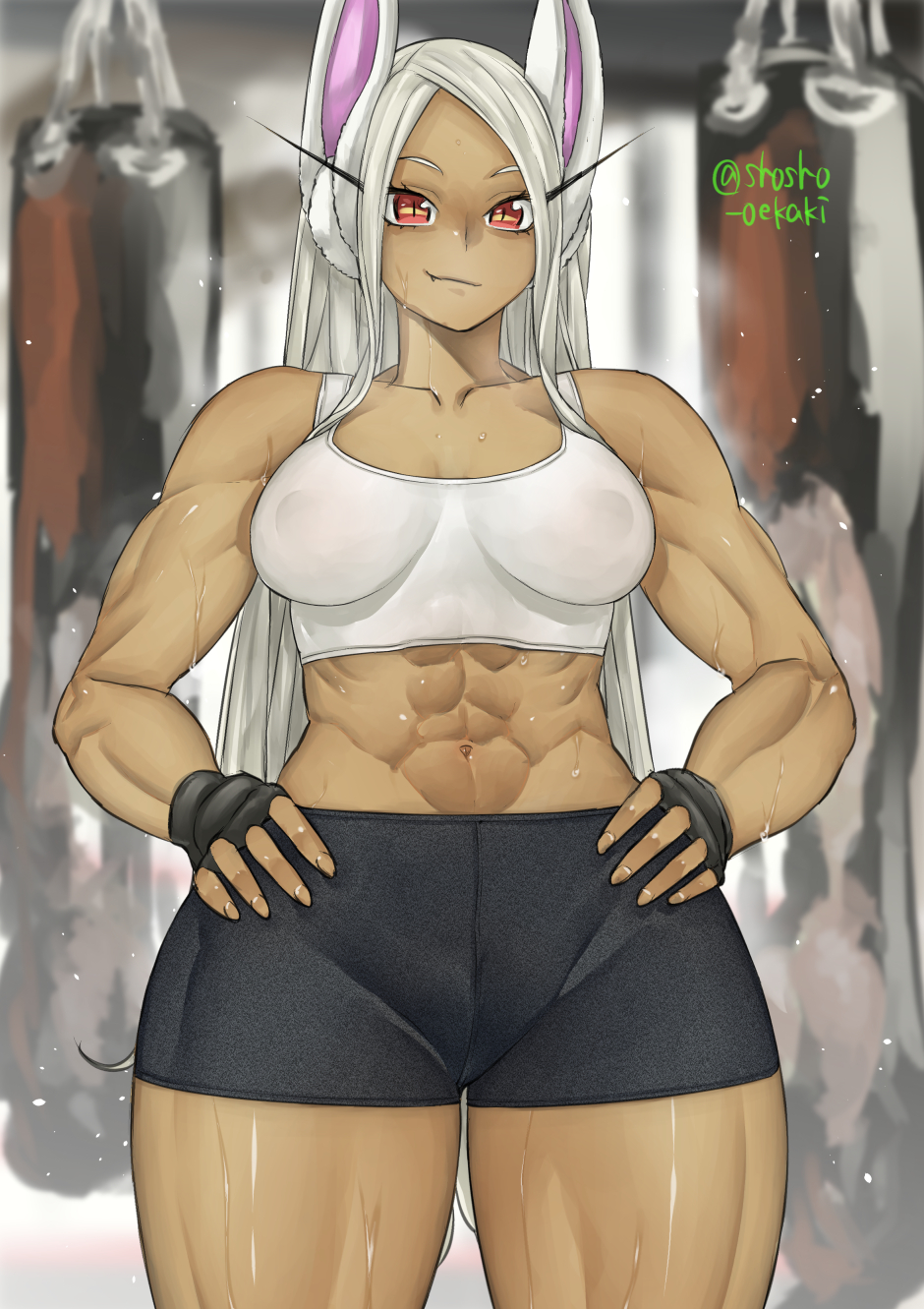 1girls, abs, bike shorts, bunny ears, dark skin, dark-skinned female, female, female focus, female only, midriff, miruko, muscular, muscular female, my hero academia, rumi usagiyama, shosho oekaki, solo, sports bra, sweat, thick thighs, white hair, wide hips