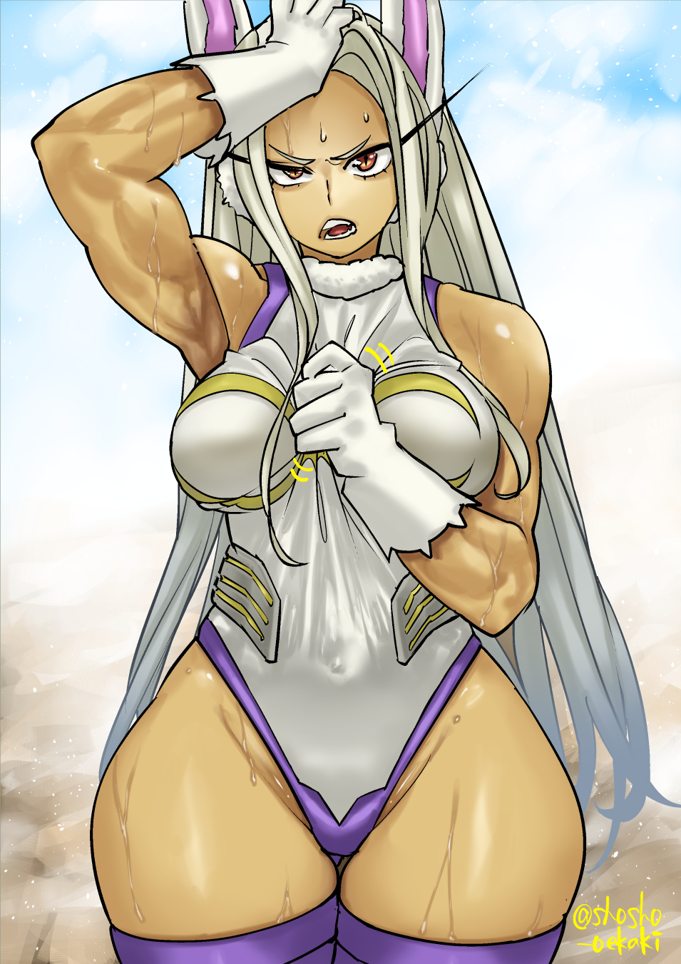 1girls, animal ears, athletic, athletic female, bunny ears, dark skin, dark-skinned female, female, female human, fit, fit female, hero outfit (mha), human, kemonomimi, leotard, long hair, miruko, muscular, muscular female, my hero academia, red eyes, rumi usagiyama, shosho oekaki, solo, superhero costume, superheroine, sweat, thick thighs, white hair, wide hips