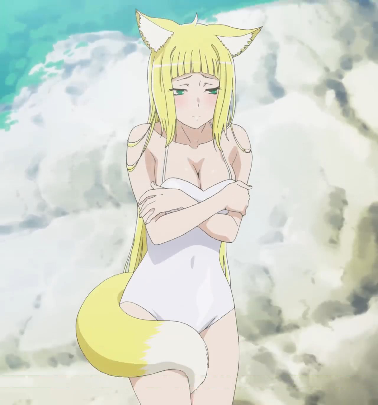 1girls, animal ears, artist request, bare shoulders, blonde hair, blush, breasts, crossed arms, dungeon ni deai wo motomeru no wa machigatteiru darou ka, ears down, embarrassed, eyes half open, female, female only, green eyes, highres, long hair, sanjouno haruhime, shy, solo, squeezing breast, swimsuit, tagme, tail