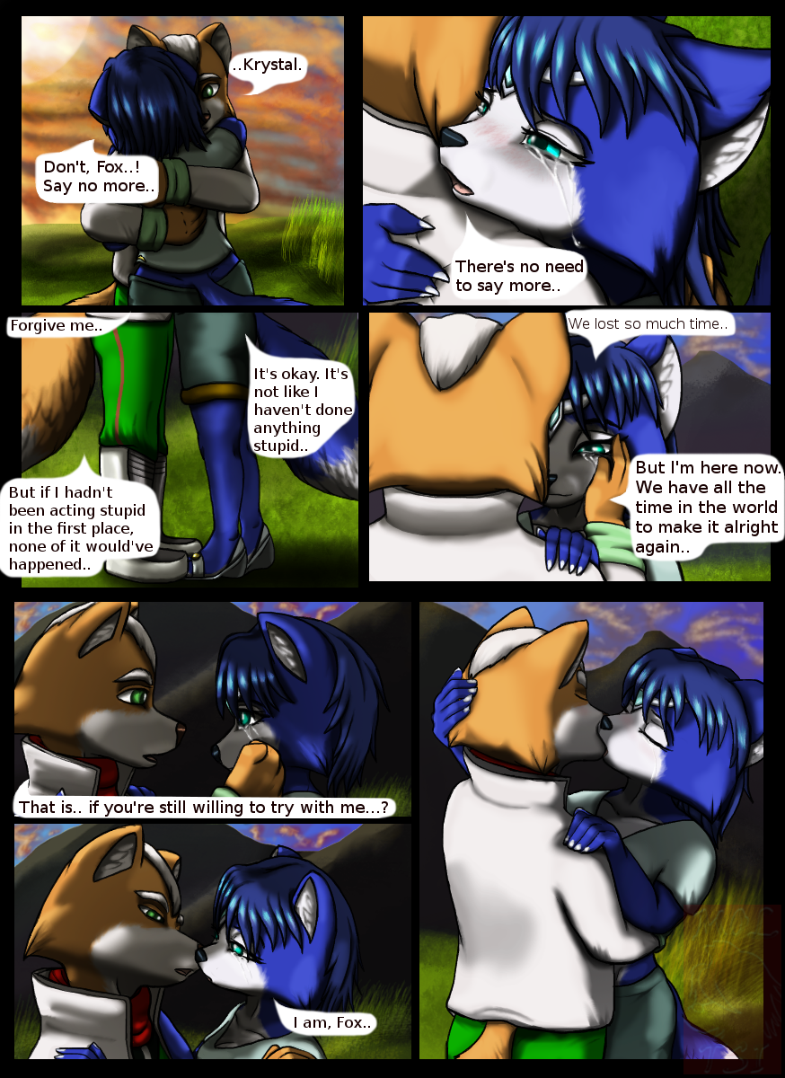 2013 anthro canid canine canon_couple comic cuddling dialogue duo english_text female fox fox_mccloud hi_res hugging kissing krystal love male male/female mammal moltsi nintendo romantic_couple star_fox text video_games