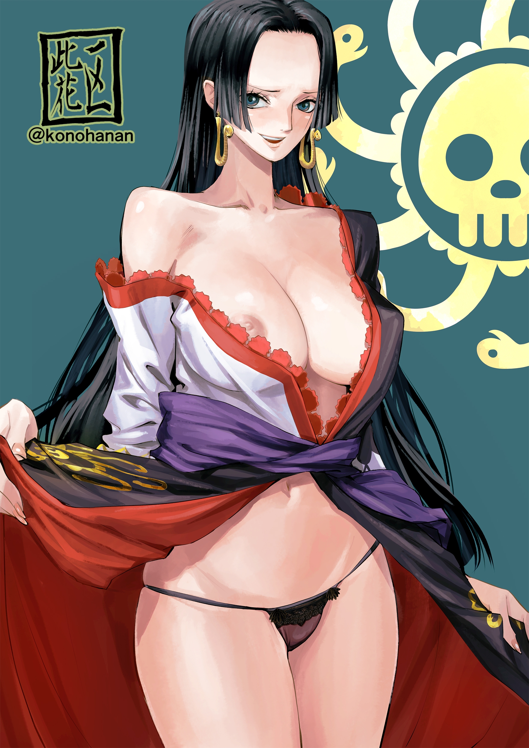 1girls, black hair, black-haired female, boa hancock, female, female only, konohana, naked, one piece, posing, shy