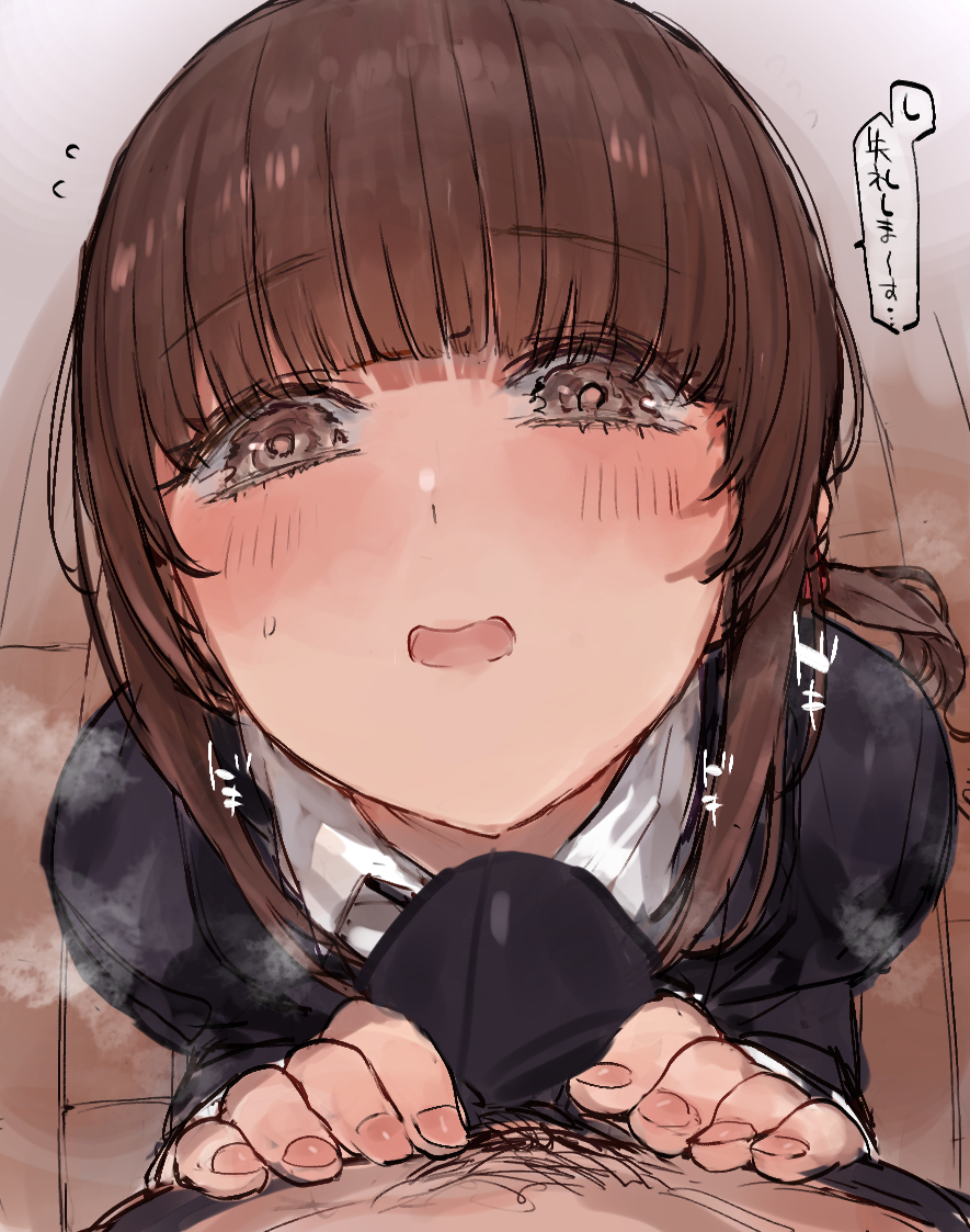 1boy, 1girls, blush, brown eyes, brown hair, bulge, c.cu, clothed female, erection under clothes, eye contact, female, hairy, hairy male, high resolution, long hair, looking at viewer, male, original, pubic hair, school uniform