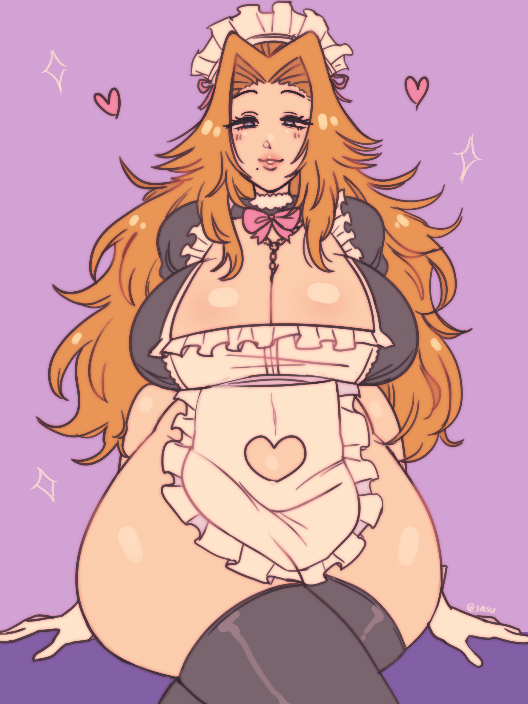 1girls, apron, arm support, bangs, bbw, bleach, blue eyes, blush, breasts, center opening, chains, cleavage, crossed legs, dress, eyelashes, female, female only, gloves, headdress, huge breasts, large breasts, light skin, light-skinned female, looking at viewer, maid, maid headdress, maid uniform, matsumoto rangiku, messy, messy hair, mole, mole under mouth, necklace, no underwear, orange hair, parted bangs, parted lips, pinup, plump, ribbon, sasucc, sitting, smile, solo, thighhighs, voluptuous, wide hips