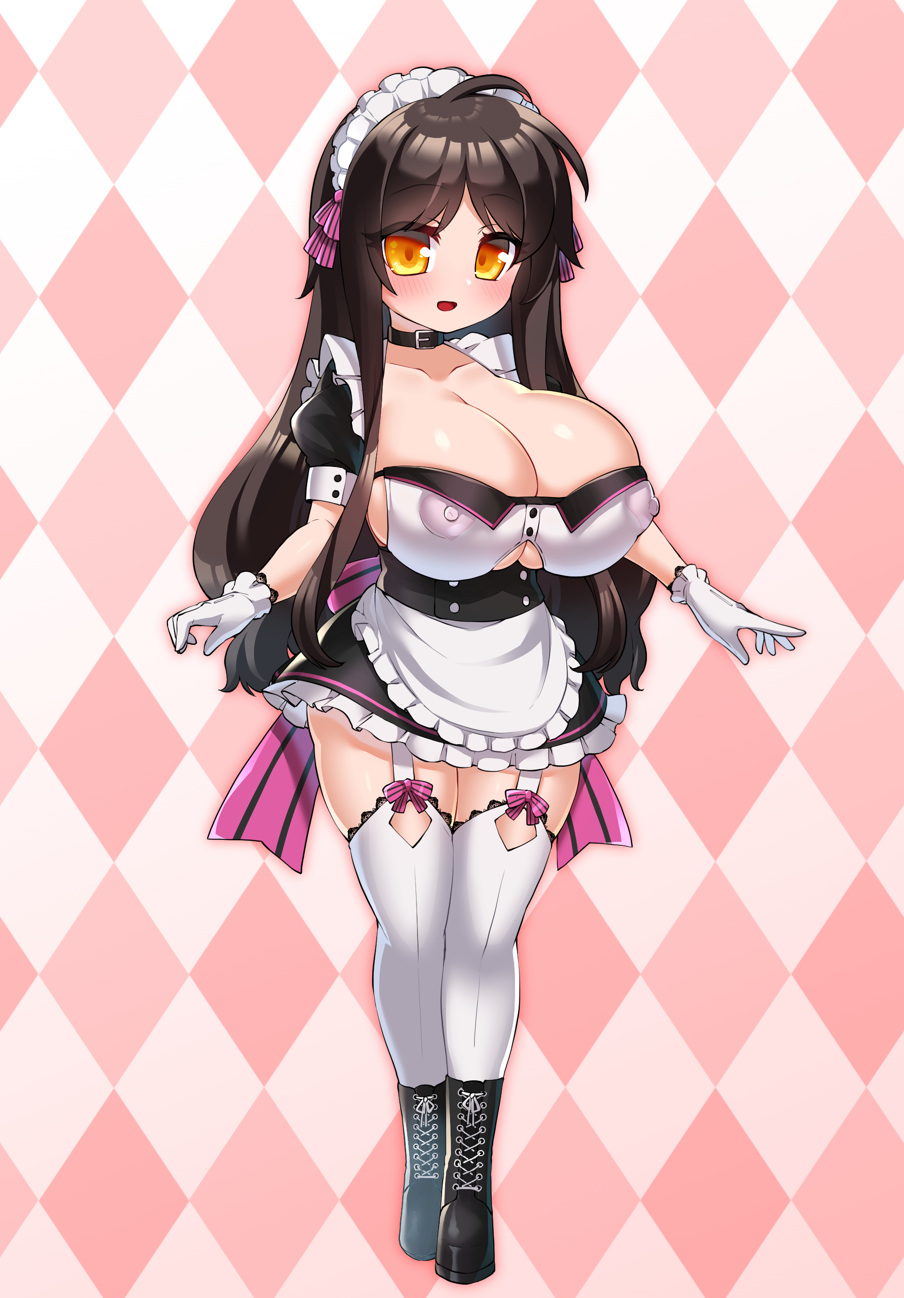 absurdres, ahoge, apron, areola, areolae, bangs, belt collar, big breasts, bimbo, black hair, blush, boots, breasts, cleavage, cleavage cutout, clothing cutout, collar, collarbone, covered erect nipples, dress, eyebrows visible through hair, female, frilled dress, frills, full body, garter straps, gloves, highres, huge areolae, huge breasts, huge nipples, hyper breasts, katuu, large breasts, long hair, maid, maid apron, maid headdress, nipples, nipples visible through clothing, original, ribbon, see-through, shortstack, smile, solo, thighhighs, transparent clothes, transparent clothing, underboob cutout, white gloves, yellow eyes
